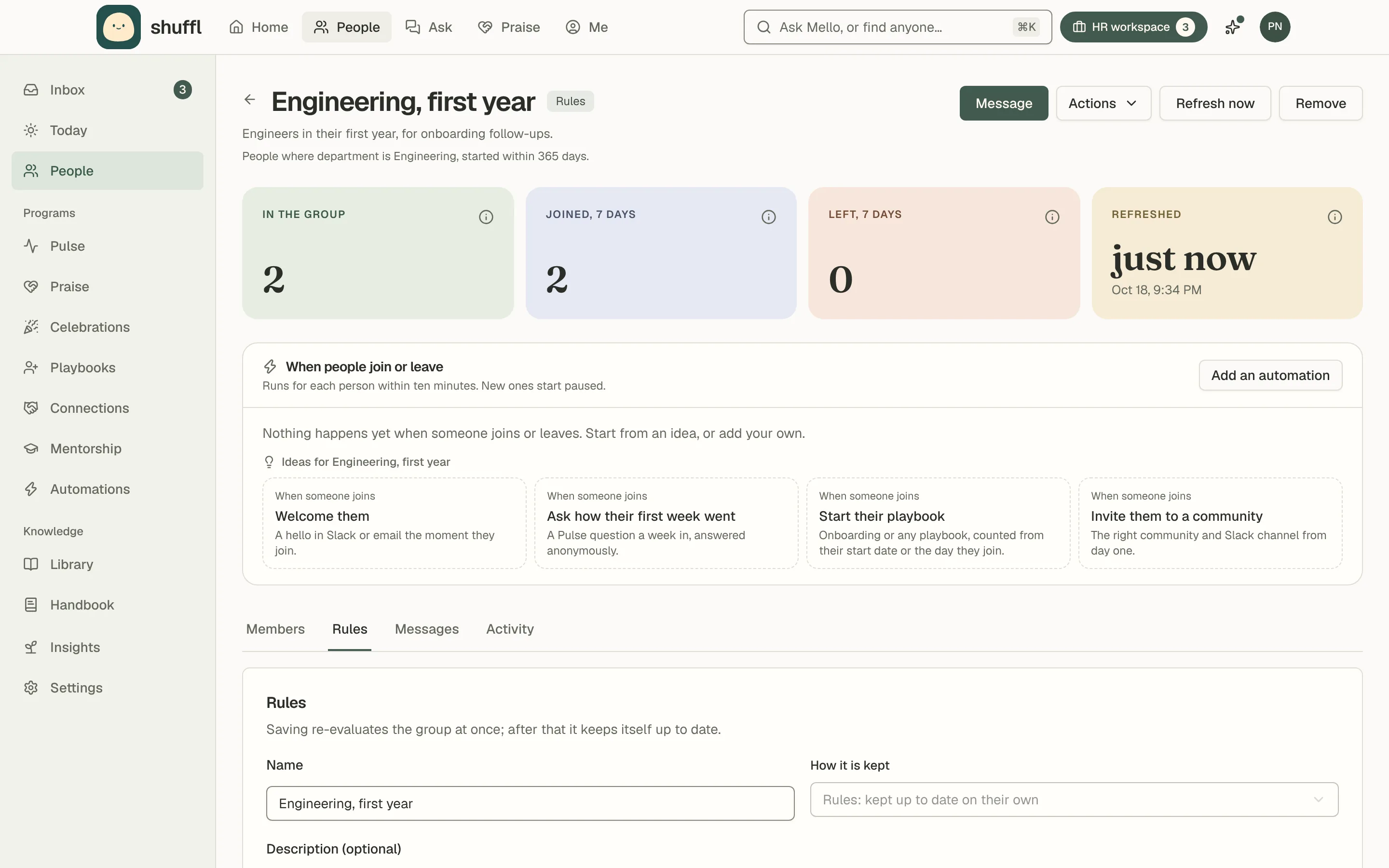 The Rules tab of a group called Engineering, first year: the name and description fields, then two rules reading Department is Engineering and Started within 365 days, a Preview who matches button and Save the group.