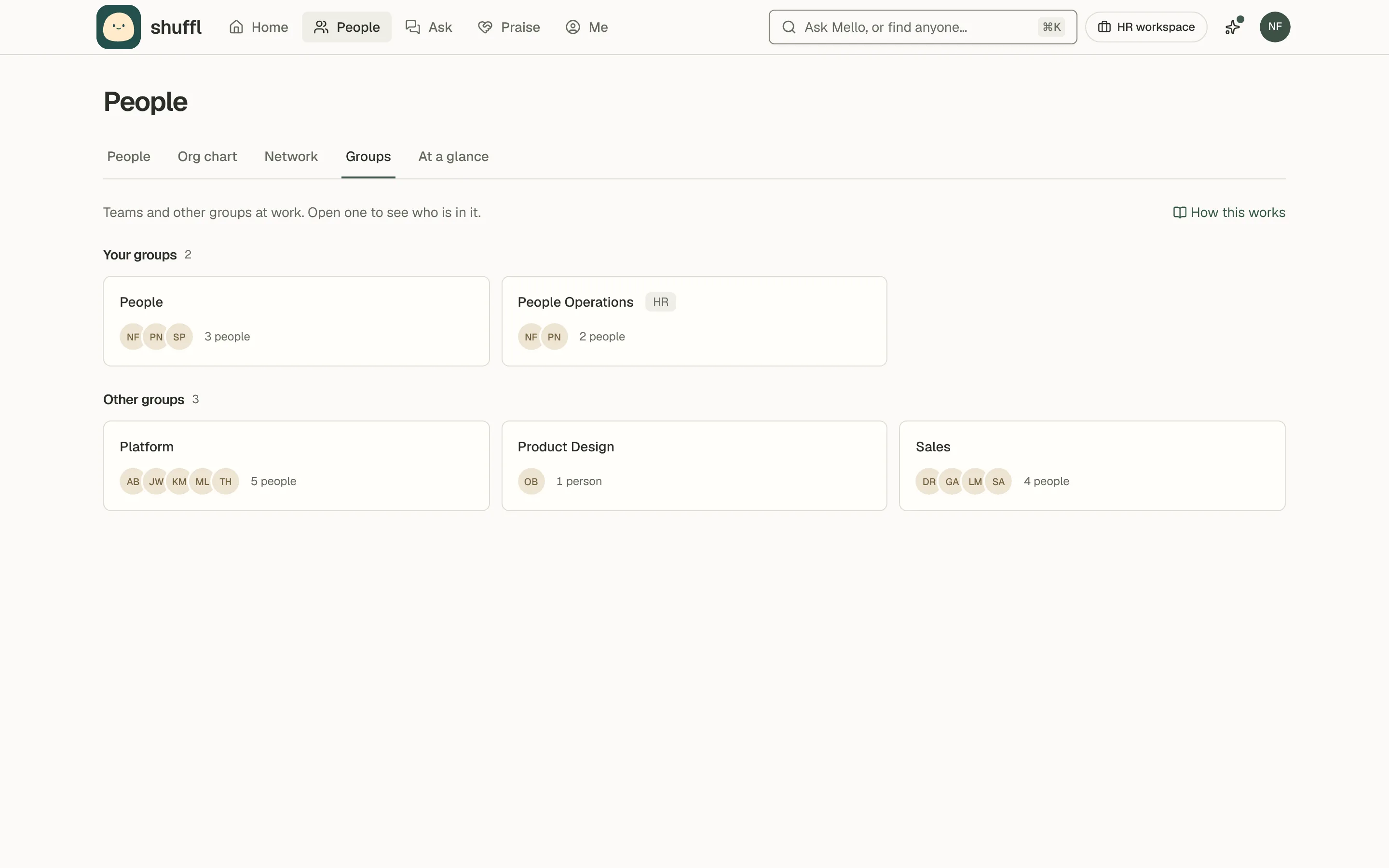 The Groups tab of People as an employee sees it: Your groups with People (3 people) and People Operations, marked HR, then Other groups with Platform, Product Design and Sales, each a card with its faces and how many people are in it.