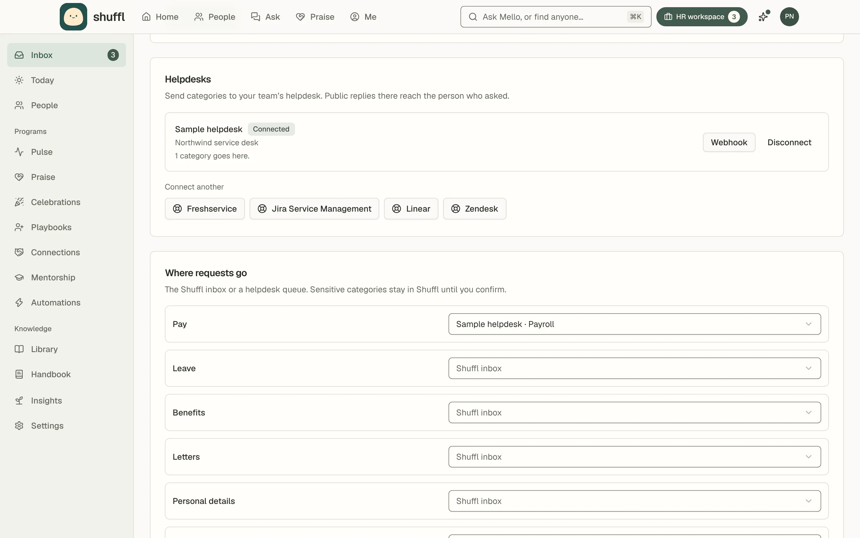 Request settings: a connected helpdesk with one category routed to it, and the list of categories, each going to the Shuffl inbox or a helpdesk queue.