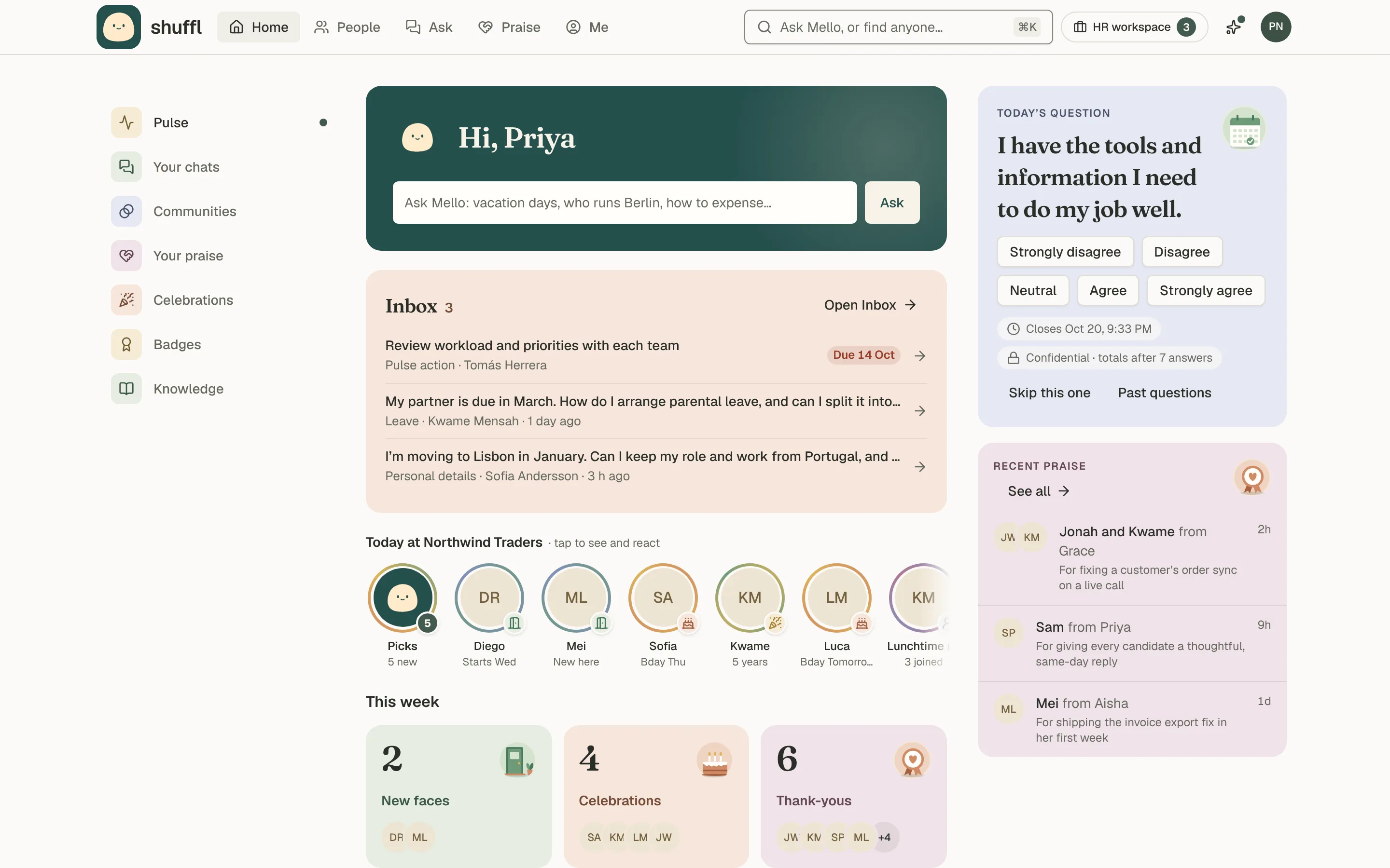 Shuffl Home on desktop and phone: a green Mello panel with a greeting and an Ask Mello box, a For you list, story rings, This week tiles counting new faces, celebrations and praise, Your places on the left, five feed entries, and today’s Pulse question and recent praise on the right.