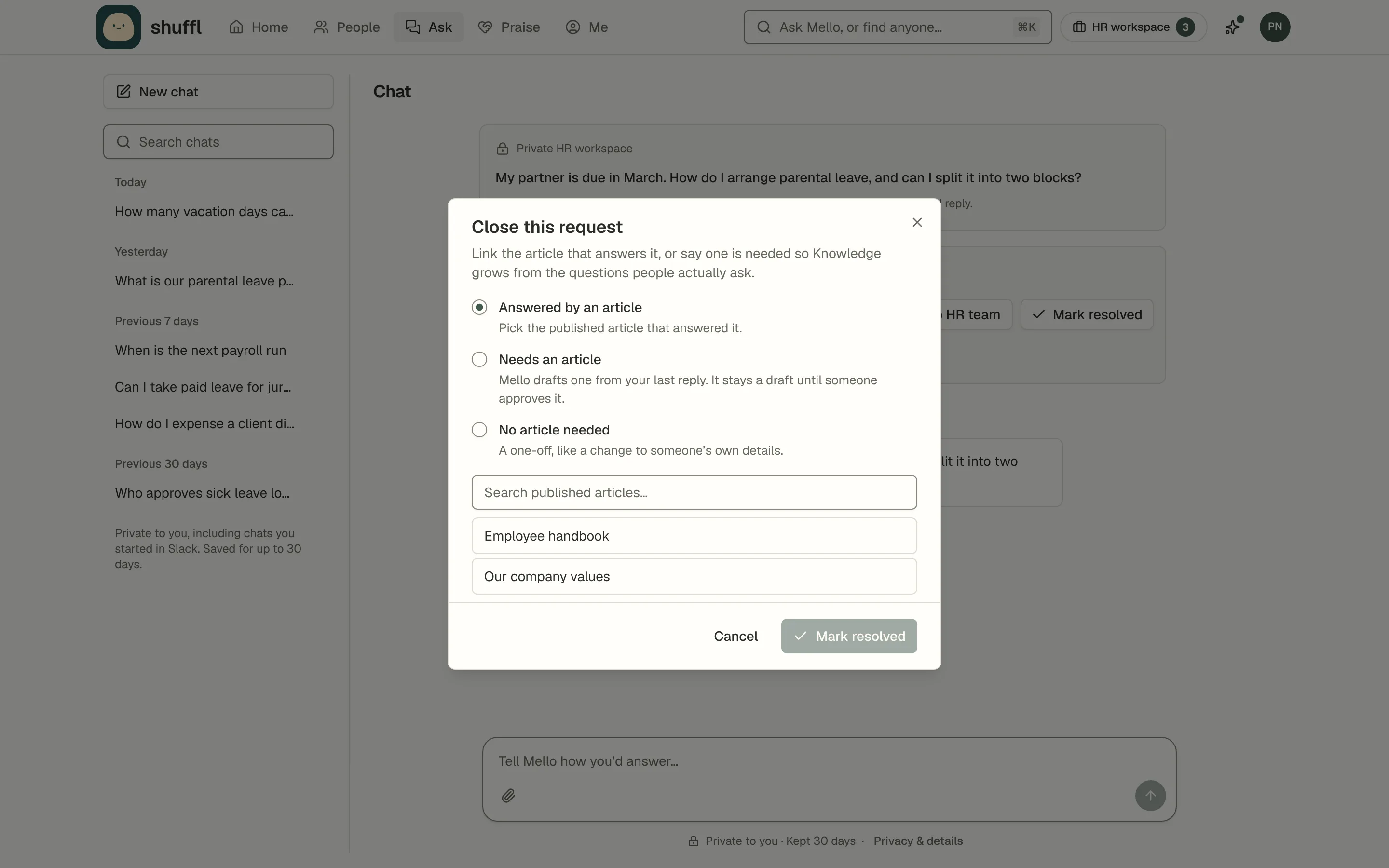 The Close this request dialog over an HR request in Chat, with Answered by an article selected and a search of published articles listing Employee handbook, then Needs an article, No article needed and a Mark resolved button.