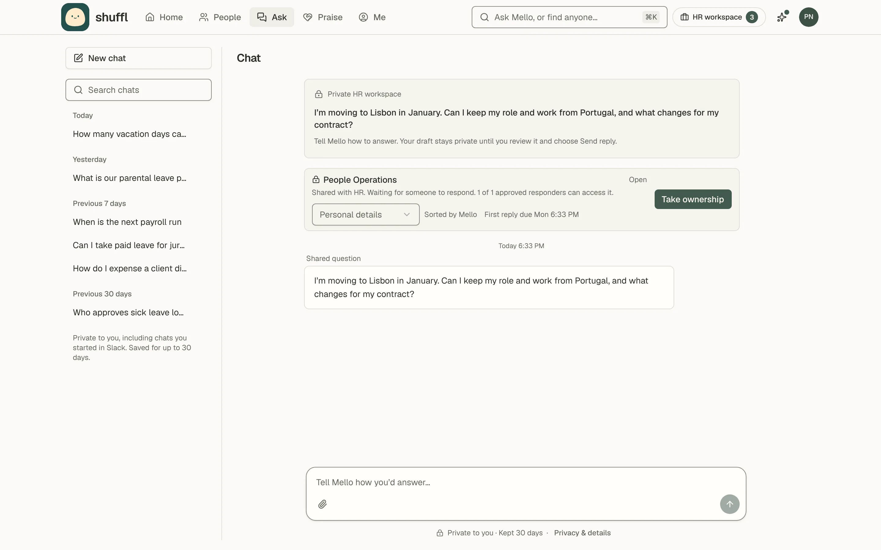 An HR request open in Chat for a responder: the Private HR workspace with an employee’s question about moving to Lisbon, the Personal details category sorted by Mello, when the first reply is due, and a Take ownership button.