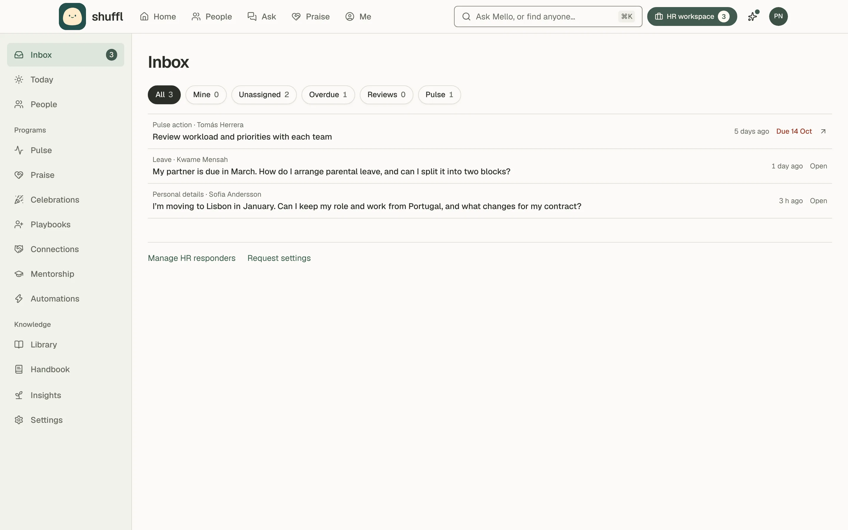The HR workspace on desktop and phone: the HR workspace switch pressed in the top bar with a count, a left rail of Inbox, Today, People, then Programs, Knowledge, Insights and Settings beside the Inbox page; on a phone, a bottom bar of Inbox, Today, People, Programs and More.