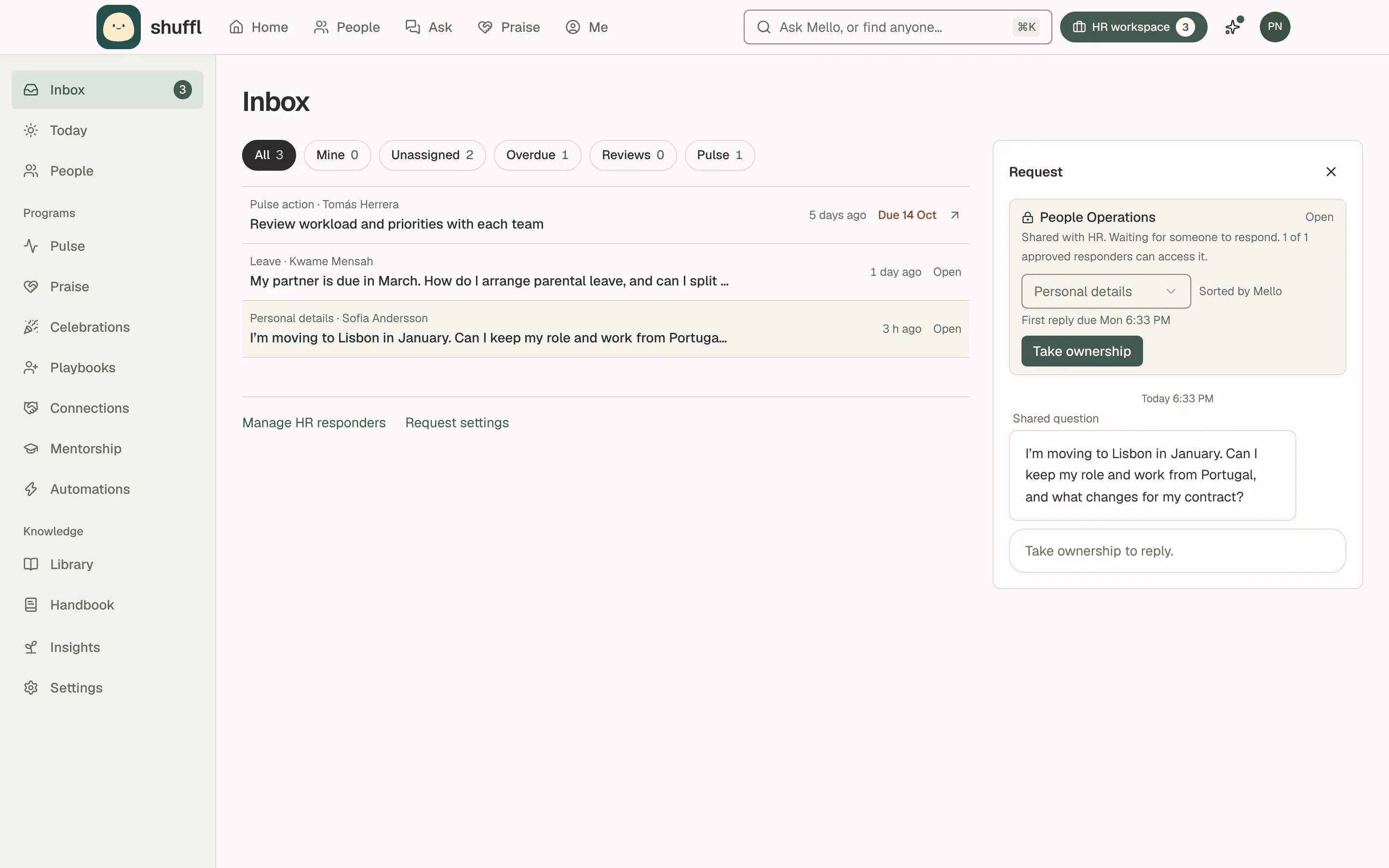 The Inbox: filter chips for All, Mine, Unassigned, Overdue, Reviews and Pulse, then one row per item with its category, who asked, how long it has waited and its status, and an employee’s request about moving to Lisbon open in a pane beside the list with a reply box.