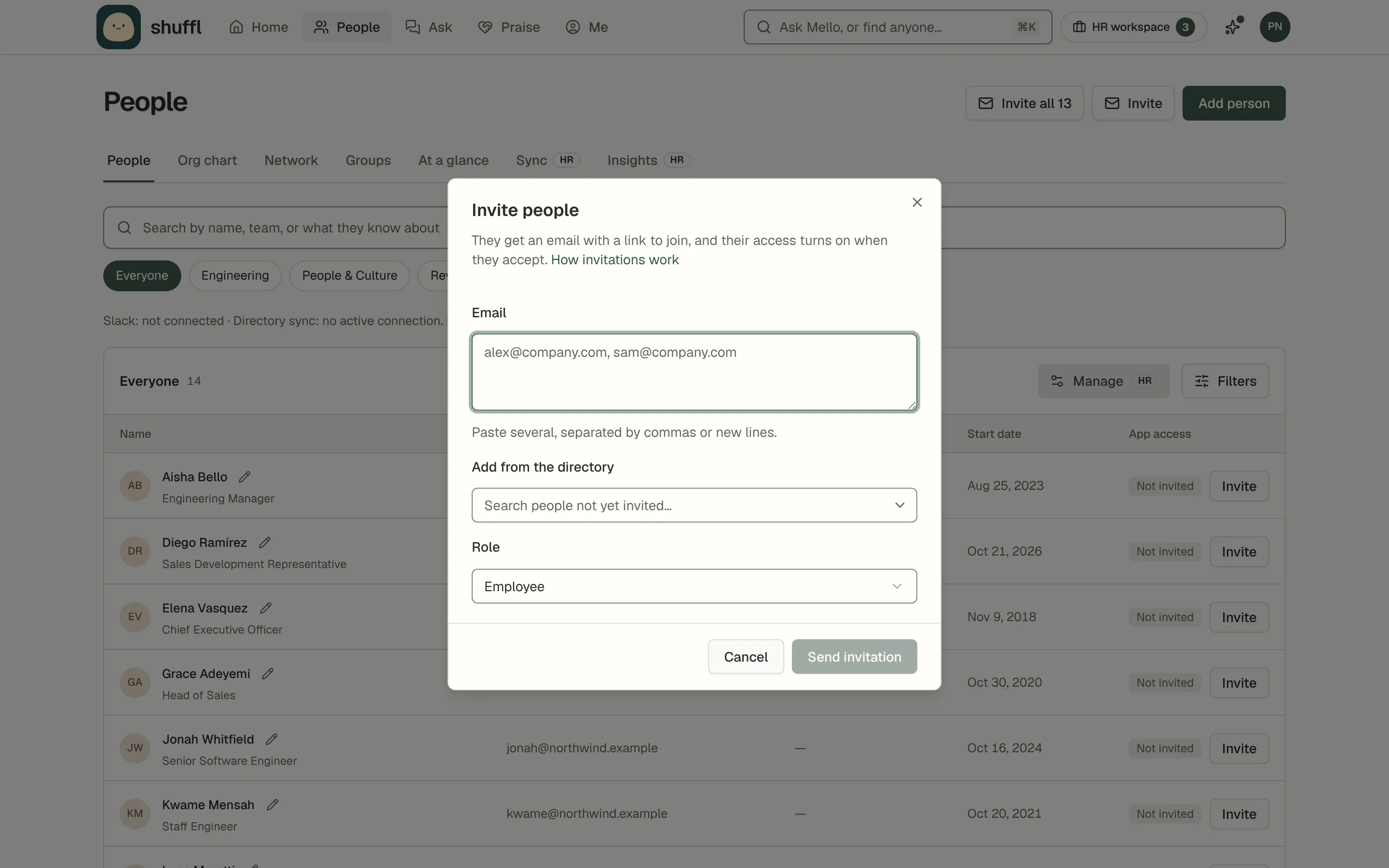 The Invite people dialog over the People page: an Emails box for one or several addresses, an Add from the directory search, a Role choice between Employee and Administrator and a Send invitation button.