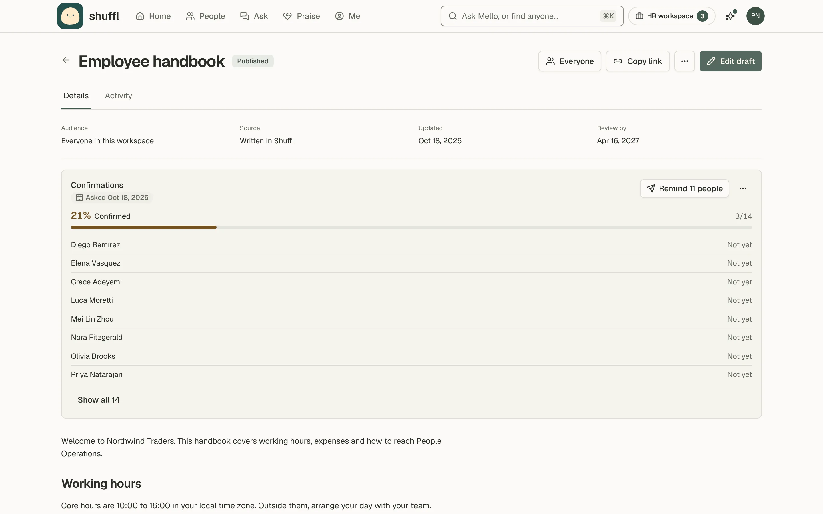 A published Employee handbook in Knowledge with a Confirmations panel above the text: an Asked today chip, 21% Confirmed · 3/14 with a progress bar, a Remind button, and a list of people with the date each confirmed or Not yet.