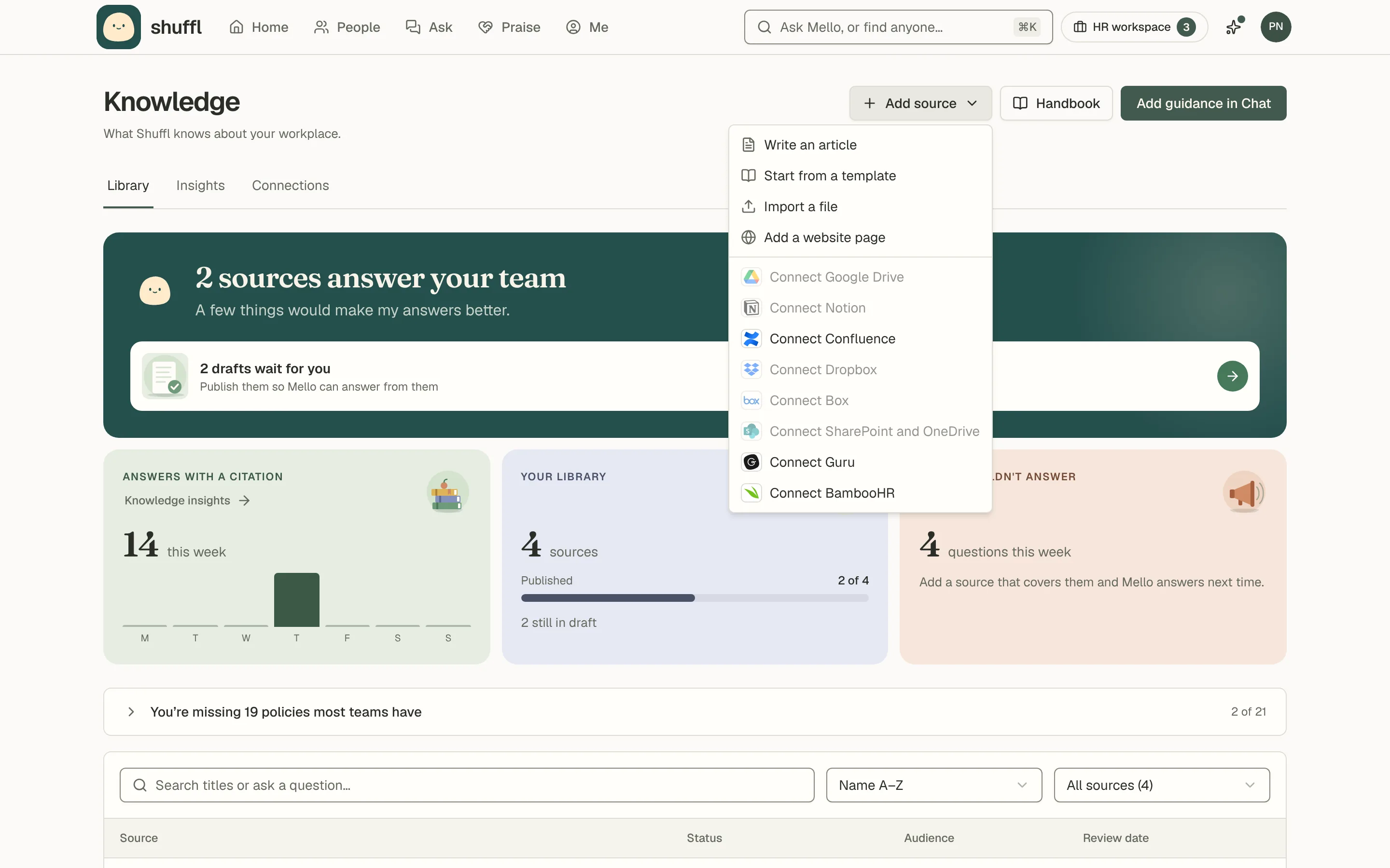 The Add source menu open over the Knowledge library. It lists Write an article, Start from a template, Import a file, Add a website page and one entry per connectable provider such as Google Drive, Notion and Confluence.