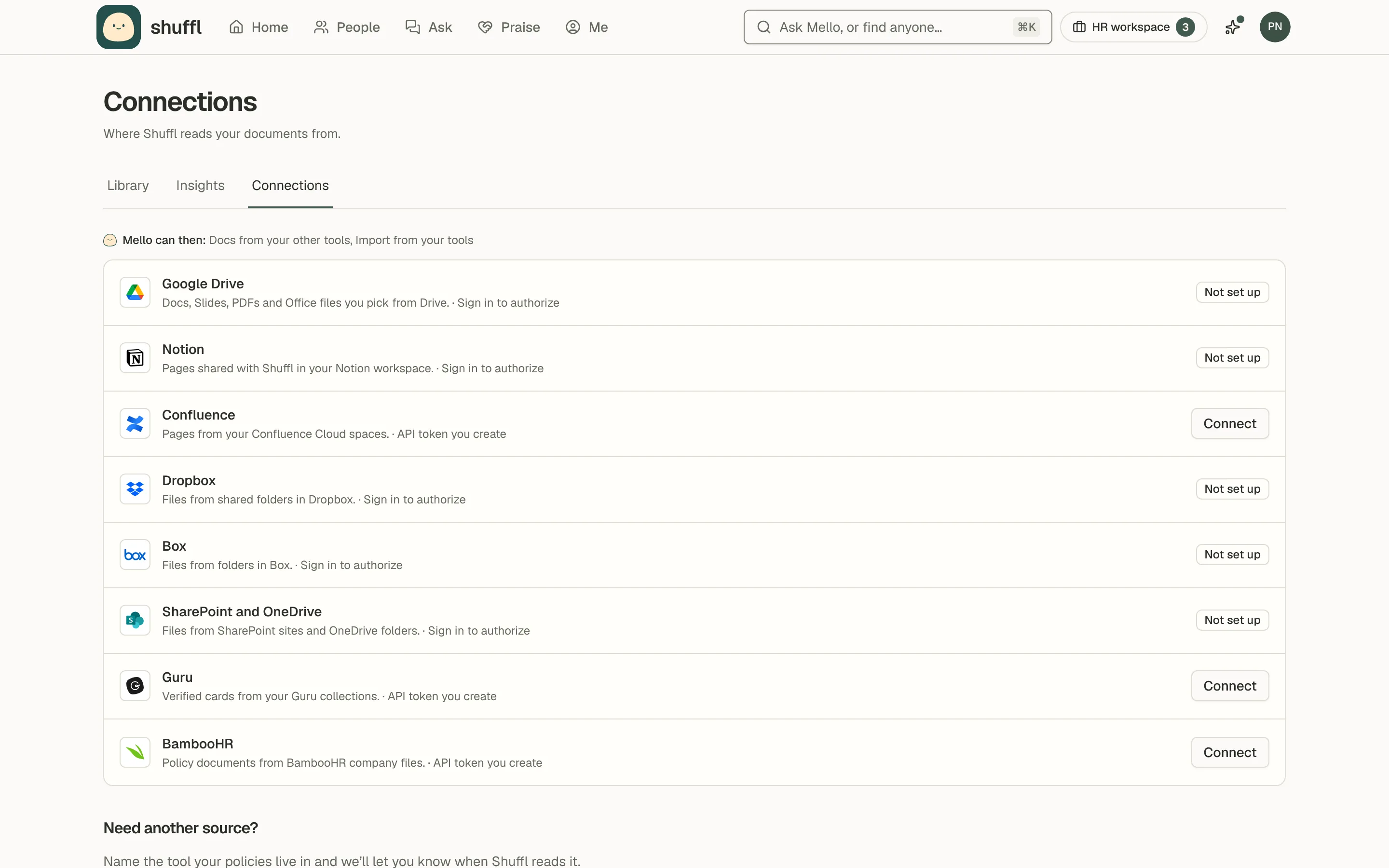 The Connections tab of Knowledge: a Connected accounts section, then a catalog of providers such as Google Drive, Notion, Confluence, SharePoint and OneDrive, Dropbox, Box, Guru and BambooHR, each with a Connect button and how it signs in.