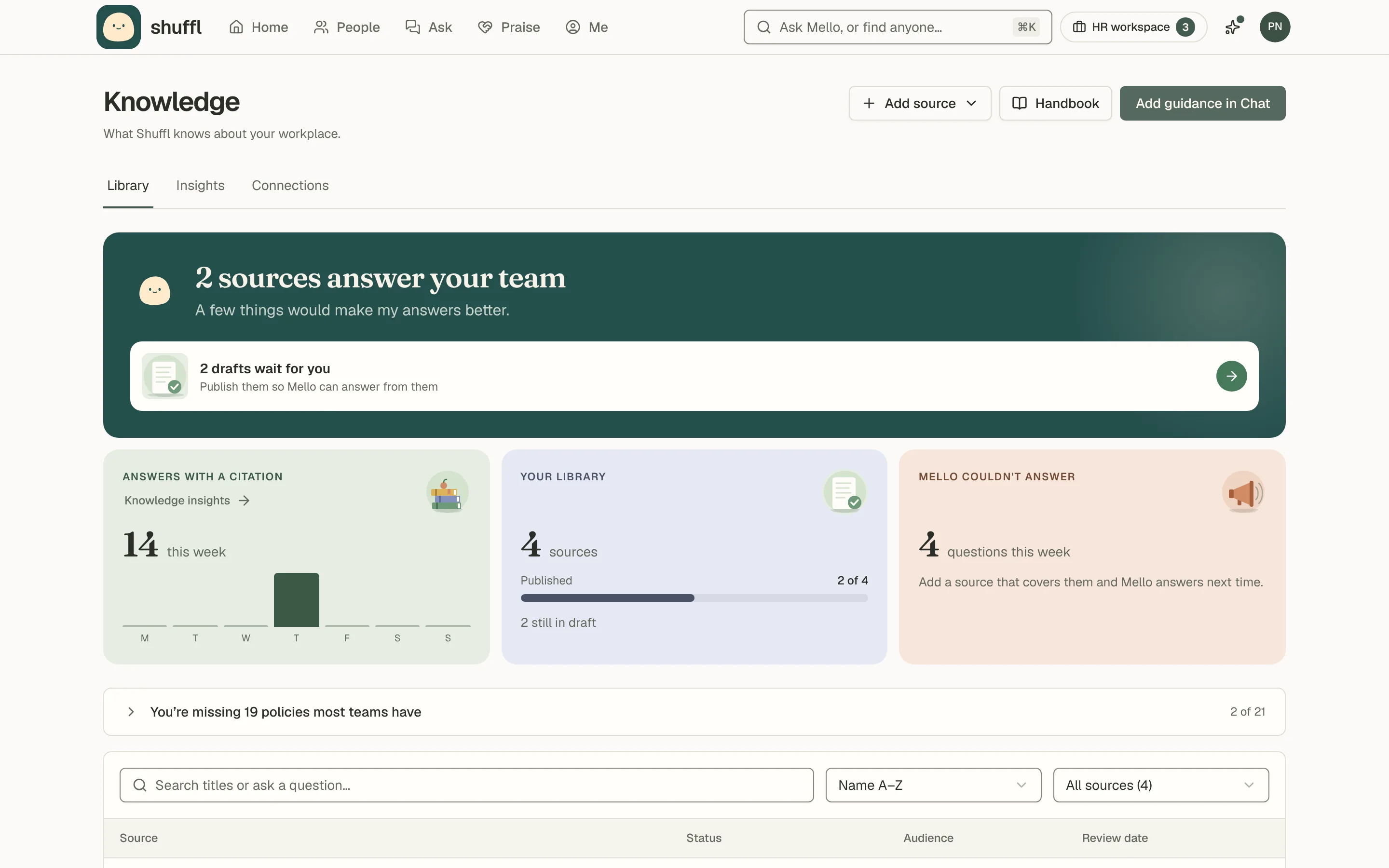 The Knowledge library as an employee sees it: a list of published policies and guides with a search field that filters titles and a Look inside sources option that searches full text.