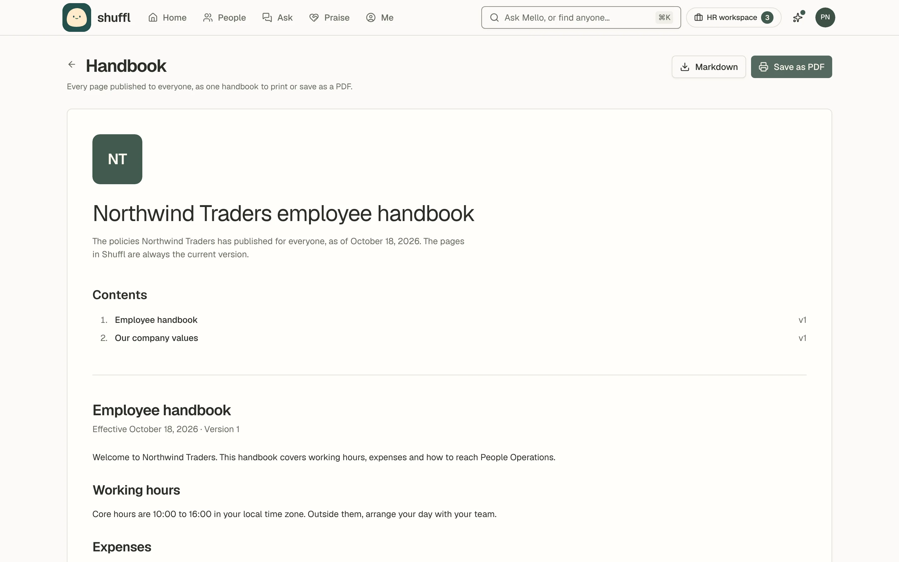 The Handbook page in Knowledge: the workspace logo and name above Employee handbook, a contents list of the policies published to everyone with their version numbers, and Markdown and Save as PDF buttons in the header.