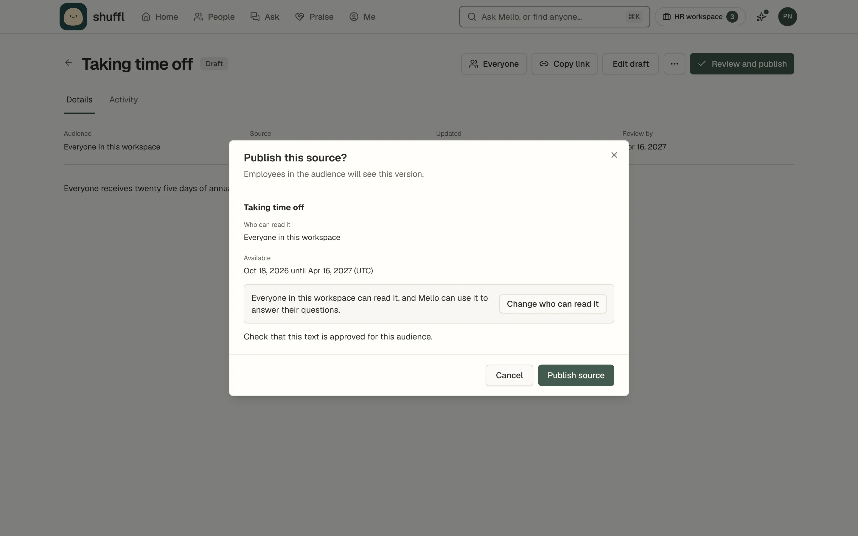 The Publish this source? dialog over a draft called Taking time off. It lists the title, who can read it, the effective and review dates, a line saying what that audience means for employees and Mello with Change who can read it, a note to confirm the text is approved, and Cancel and Publish source buttons.