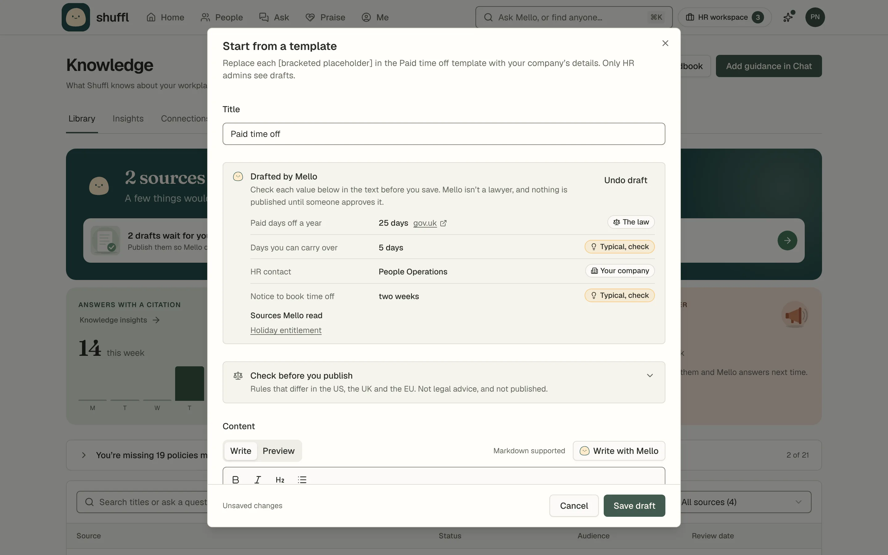 The Paid time off template after Draft with Mello. A Drafted by Mello panel lists each value Mello chose, such as 25 paid days off a year marked The law with a gov.uk link, days you can carry over and notice to book time off marked Typical, check, and the HR contact marked Your company, followed by the sources Mello read and an Undo draft button.