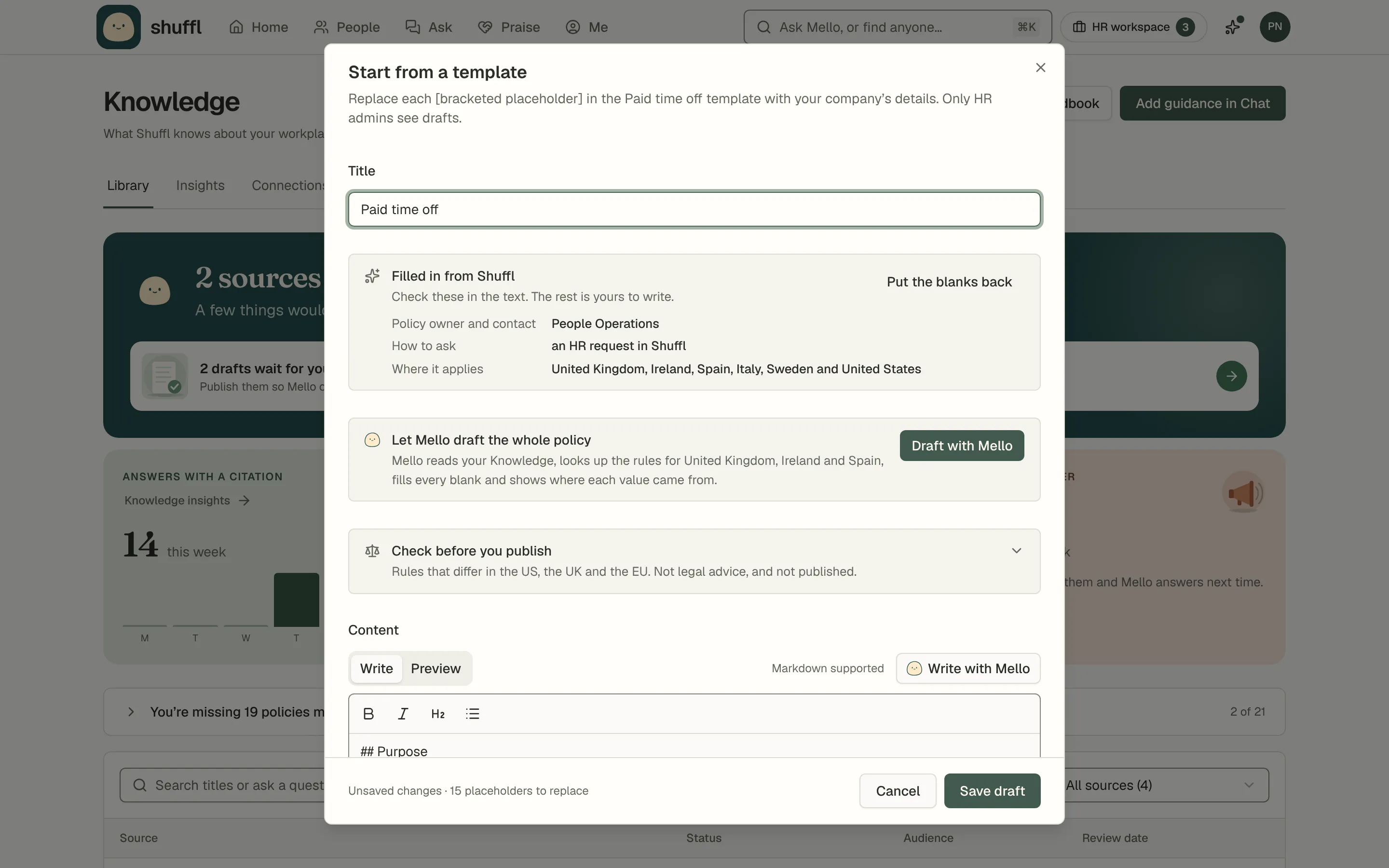 The Paid time off template open in the editor with a Filled in from Shuffl panel above the text, listing the policy owner and contact People Operations, how to ask through an HR request in Shuffl and the countries the policy applies in, with a Put the blanks back button.