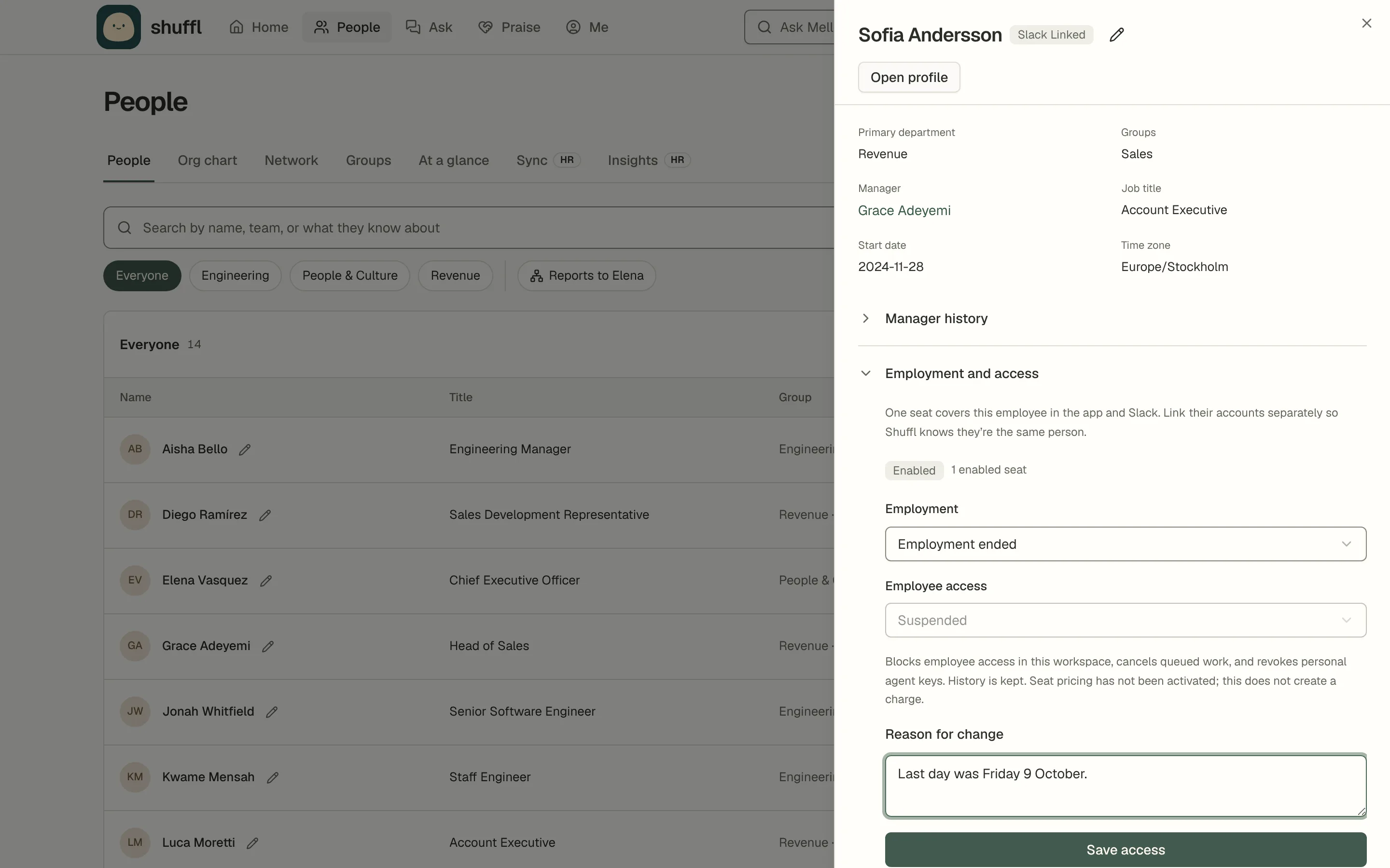 The Person details sheet for Sofia Andersson, with Employment and access open: Employment set to Employment ended, Employee access fixed at Suspended, a note on what suspending does, and a Reason for change box above Save access.
