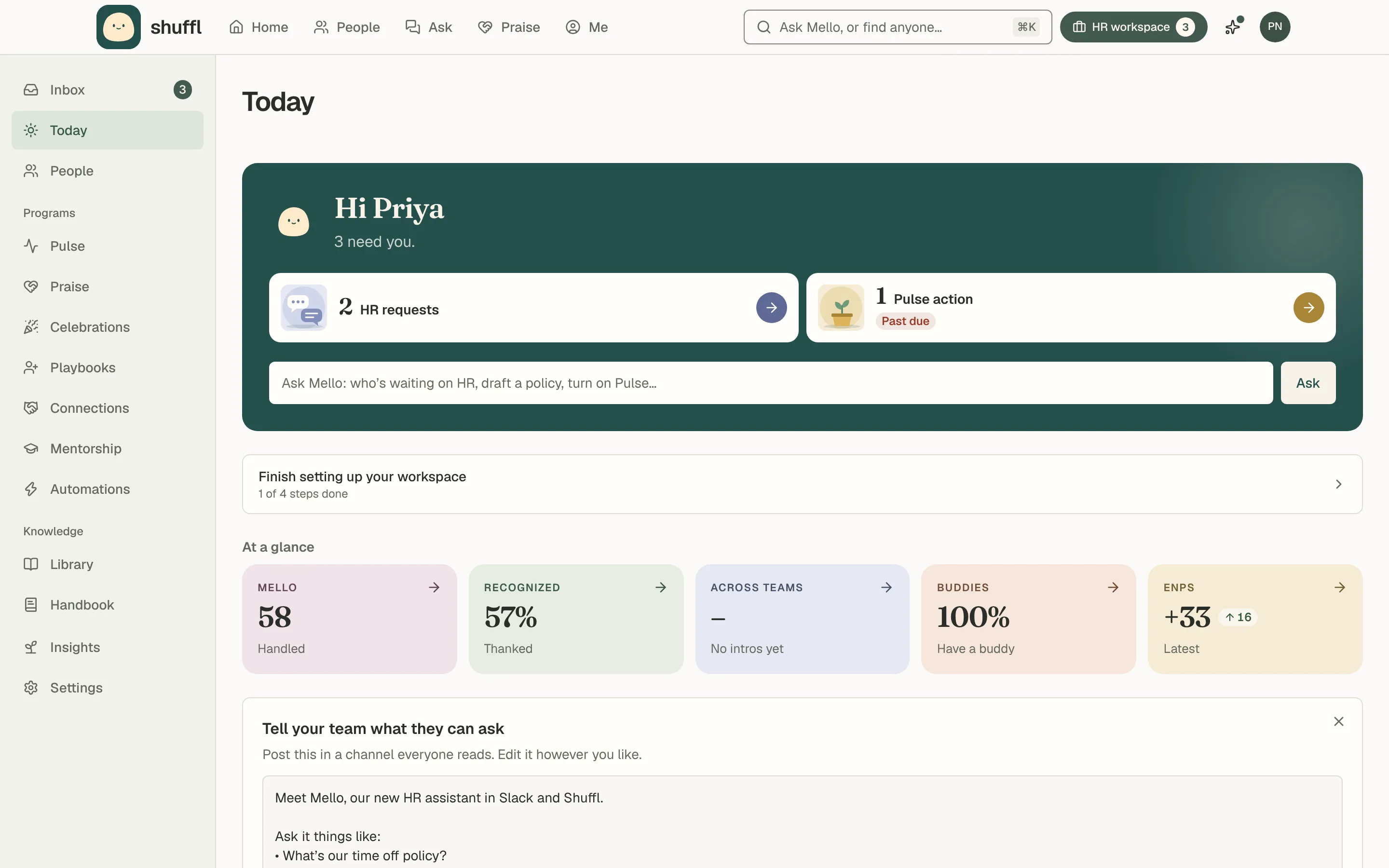 The Today page: a green panel from Mello with a greeting, cards for what needs you and an Ask box, then Mello’s suggestion and a row of five At a glance tiles for what Mello handled this month and Culture’s four rates.