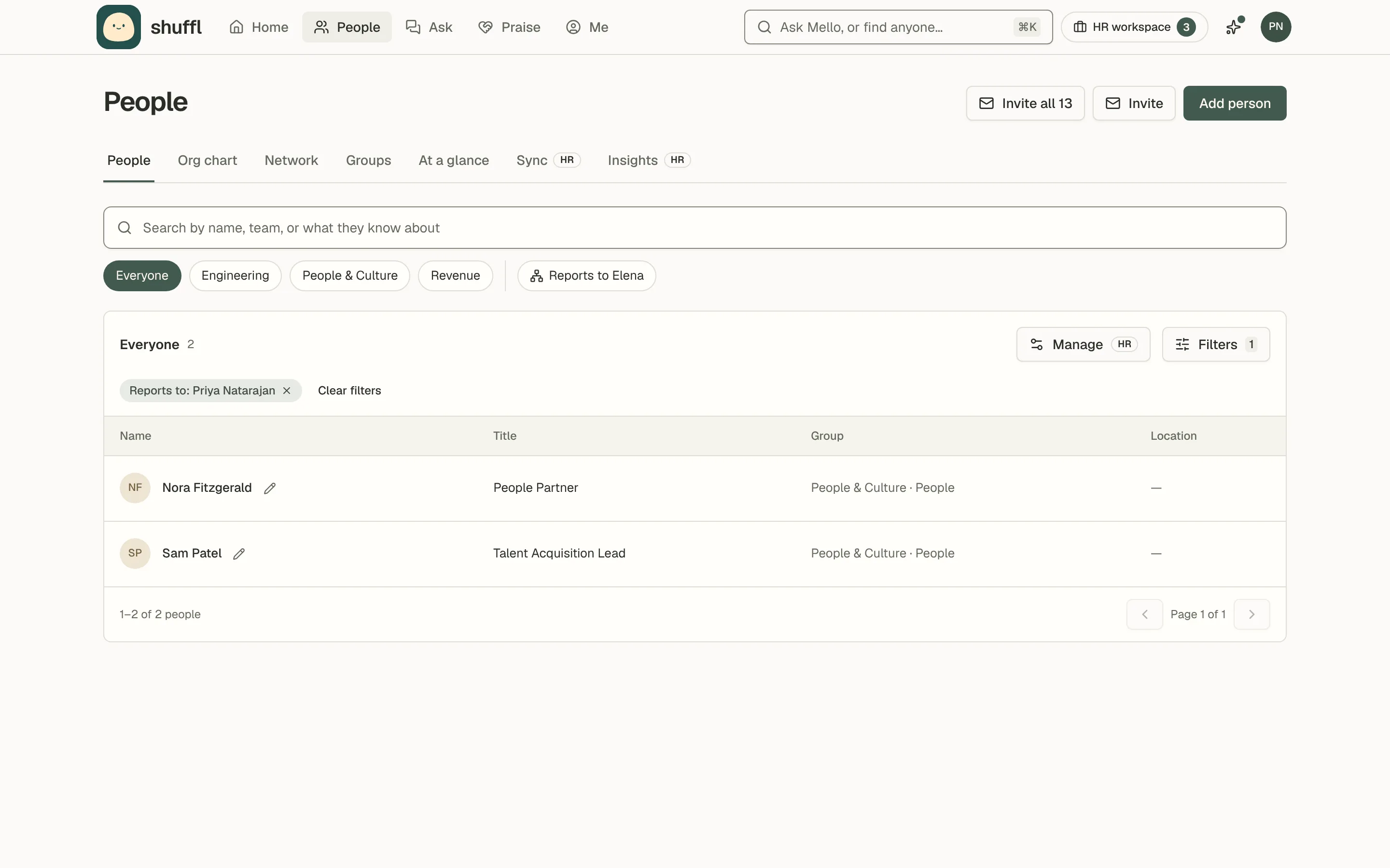 The People list filtered by Reports to: Priya Natarajan, showing the two people who report to her, Nora Fitzgerald and Sam Patel, with the applied filter above the list.