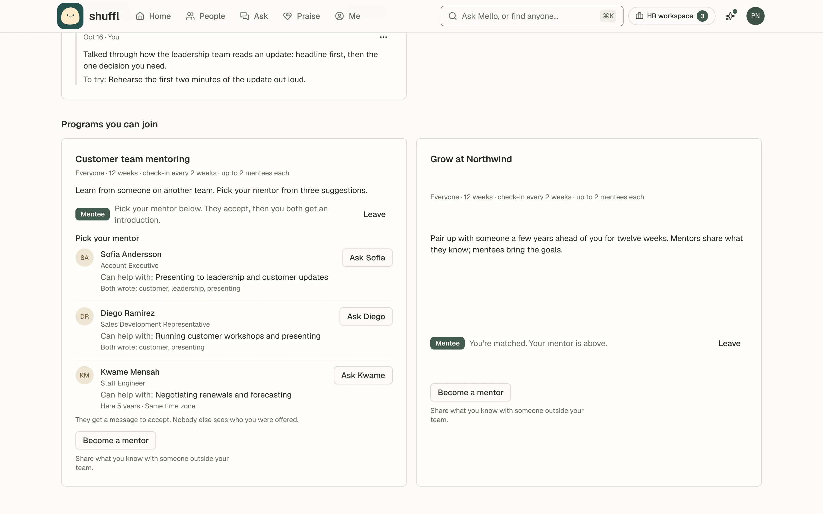 A program where mentees choose: Pick your mentor lists three mentors, each with their title, what they can help with and why they fit, such as shared topics, with an Ask button for each.