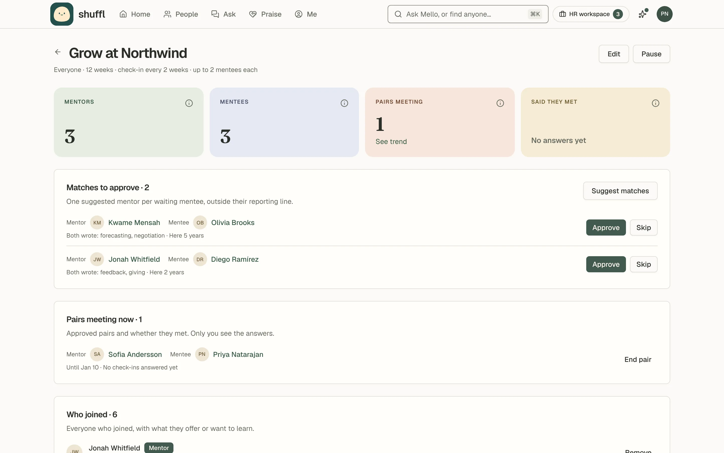 A mentorship program page: four figures for Mentors : mentees, Waiting, Pairs meeting and Met, then Matches to approve with each suggested mentor and mentee and the reasons, each with Approve and Skip, then the pairs meeting now and who joined.