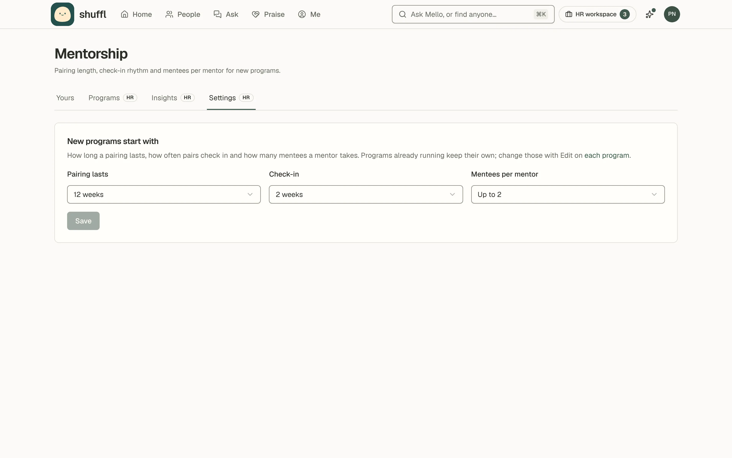 Mentorship Settings: New programs start with, three choices for how long a pairing lasts, how often pairs check in and how many mentees each mentor takes, with Save and Use Shuffl’s defaults.