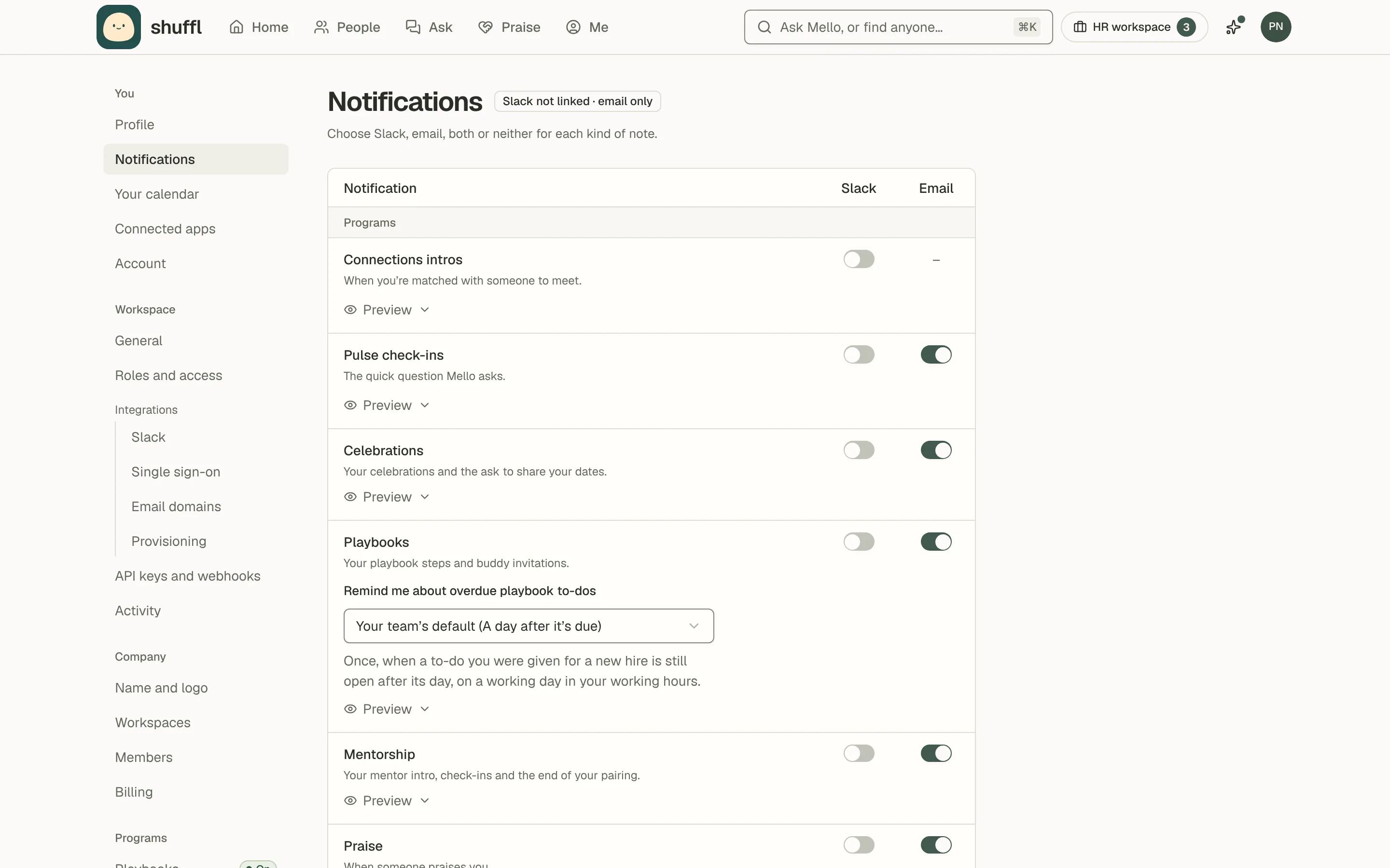 The Notifications settings page: one table with a row per notification, such as replies to your HR requests, Connections intros, Onboarding, Praise, Pulse check-ins, Celebrations and What’s new in Shuffl, a Slack and an Email column of switches, a closed Preview, and an HR digest card for administrators.