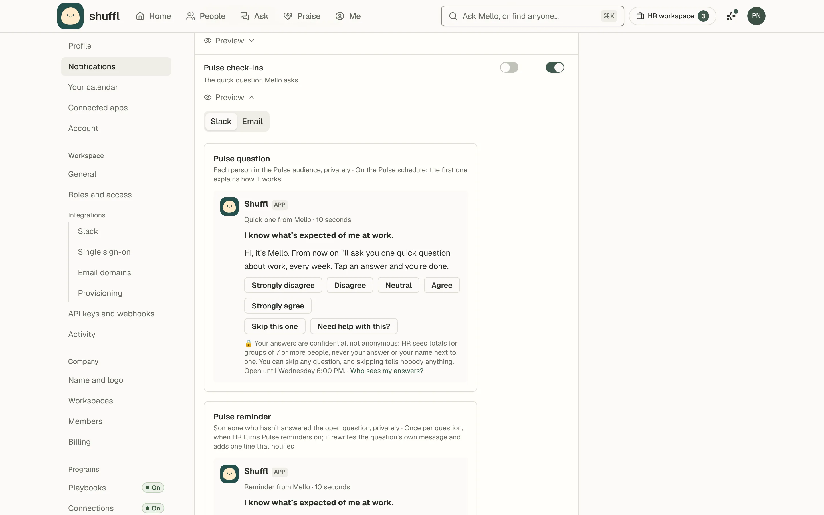 The Pulse check-ins card on the Notifications page with its Slack and Email switches and Preview open on the Slack tab, showing Mello’s quick question with its answer buttons and the reminder that follows it.