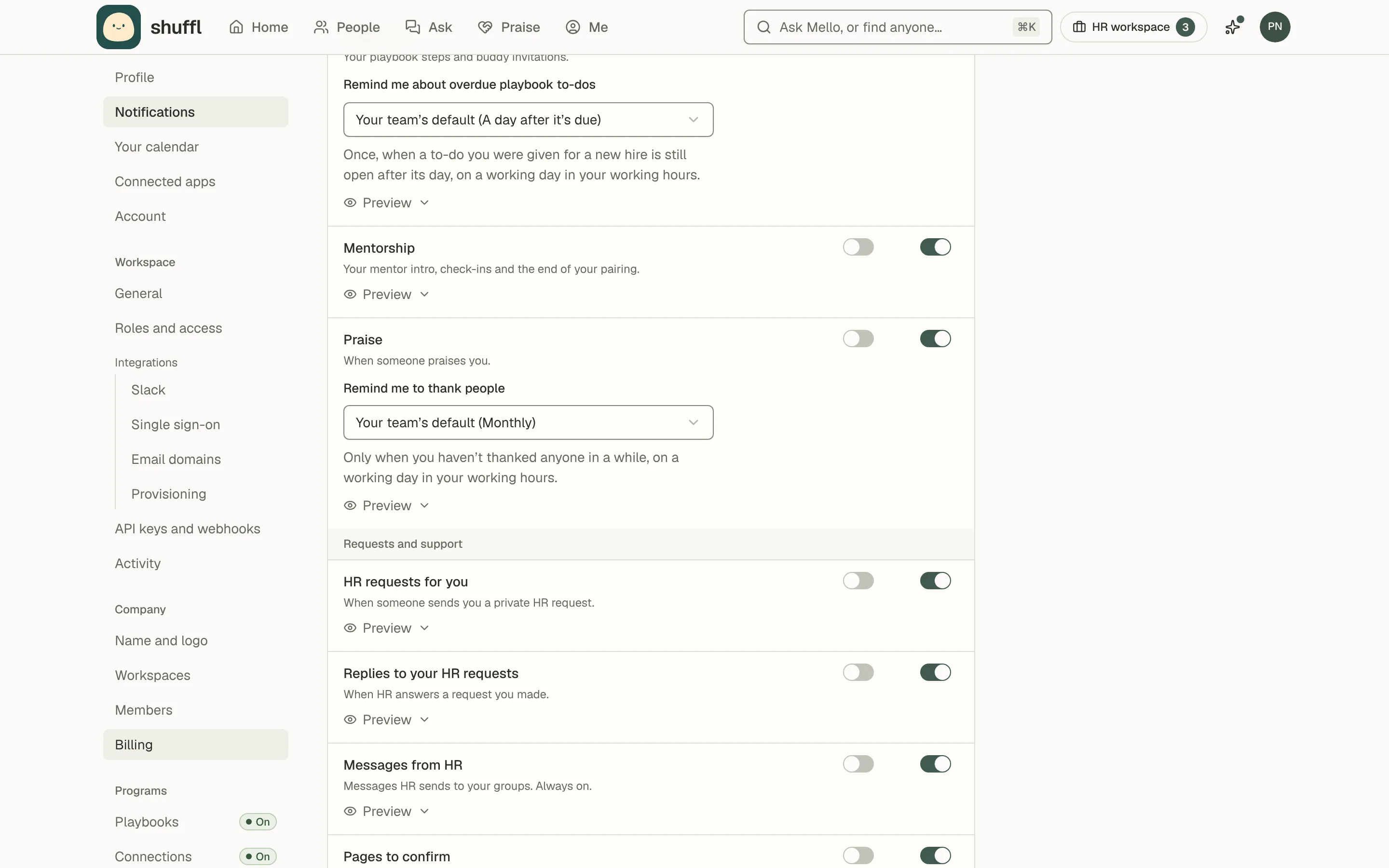 Reminder menus on the Notifications page: Remind me about overdue playbook to-dos set to Your team’s default (A day after it’s due) at the end of the Playbooks card, and the Praise card with its Slack and Email switches and a Remind me to thank people menu set to Your team’s default (Monthly).