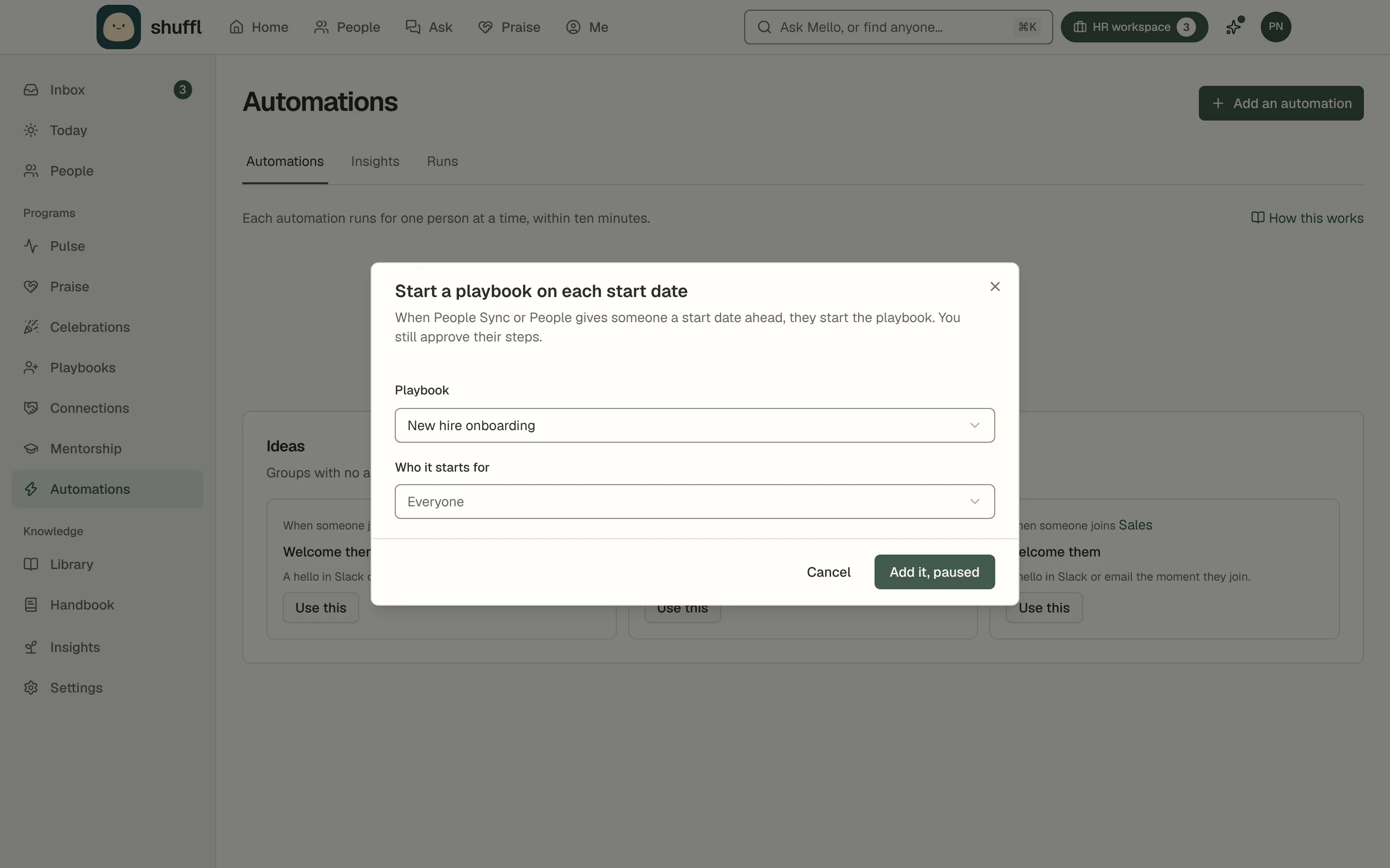 The Start a playbook on each start date dialog on Automations: Playbook set to New hire onboarding and Who it starts for set to Everyone, with an Add it, paused button.