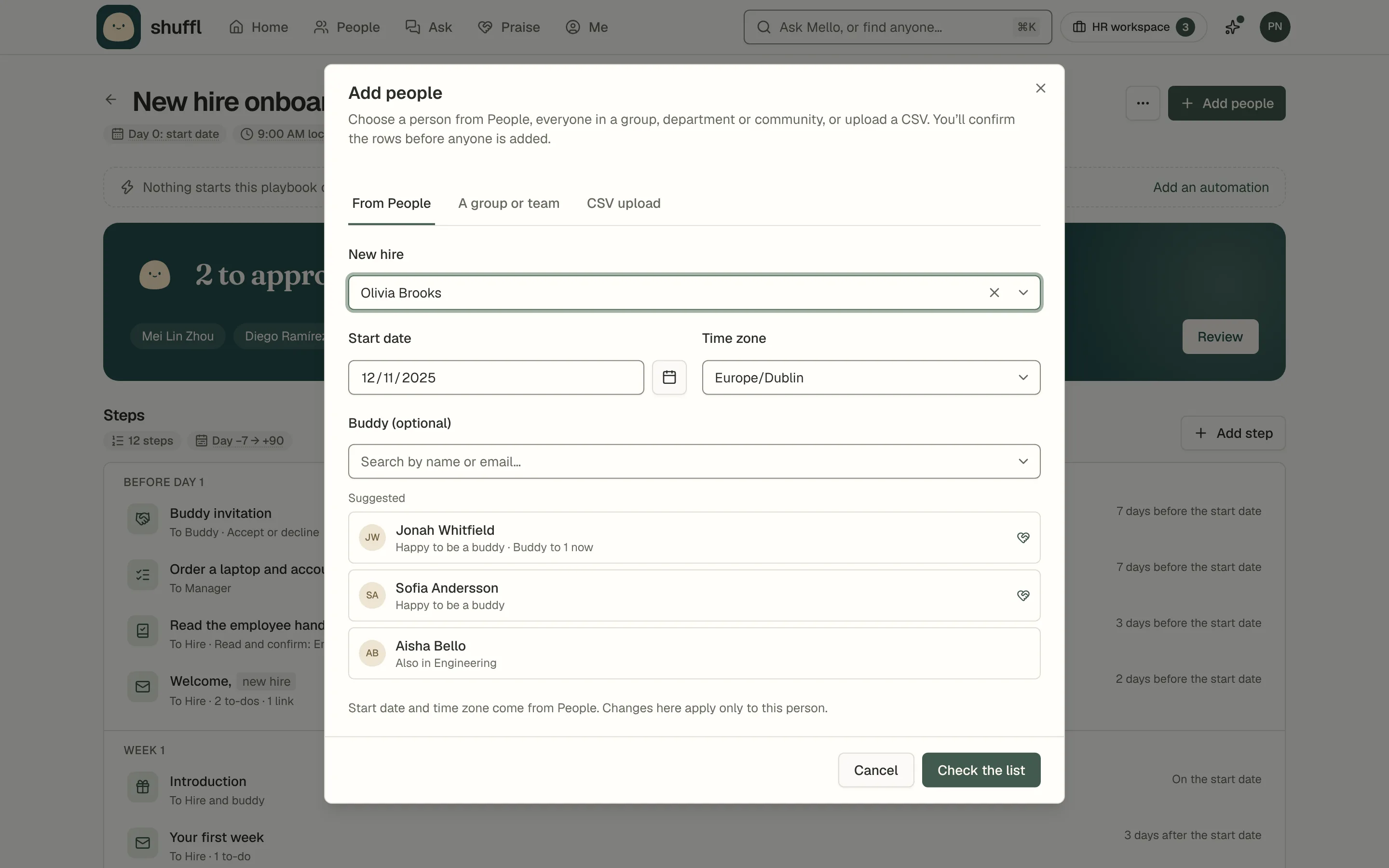 Choosing a buddy for a new hire in Add people: three suggested coworkers, each with why they fit and how many hires they buddy now, the first marked as a volunteer.