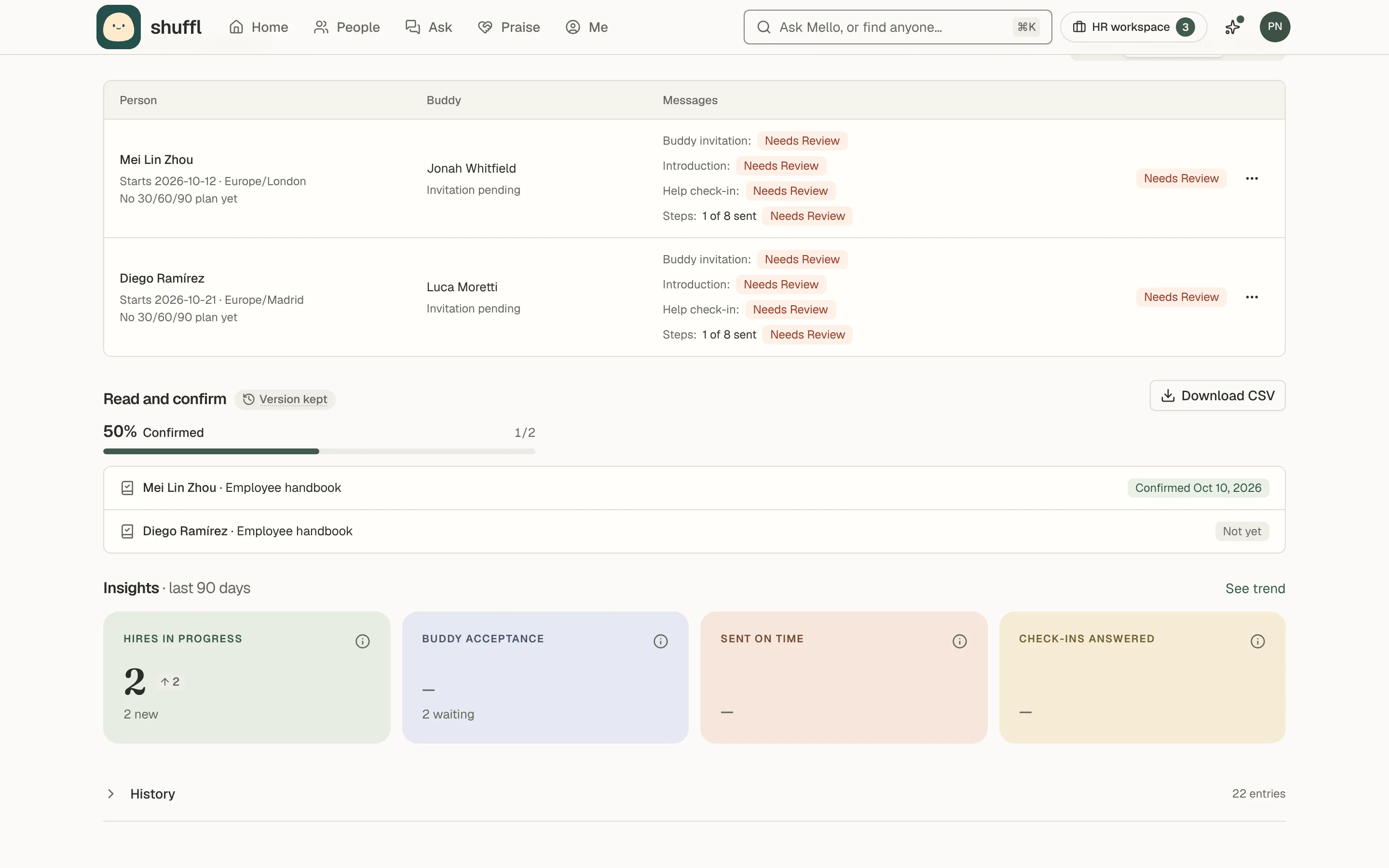 Read and confirm on a playbook’s page: a Version kept chip, a Confirmed share with its bar, each person and the page they were asked to read, confirmed with a date or not yet, and a Download CSV button.