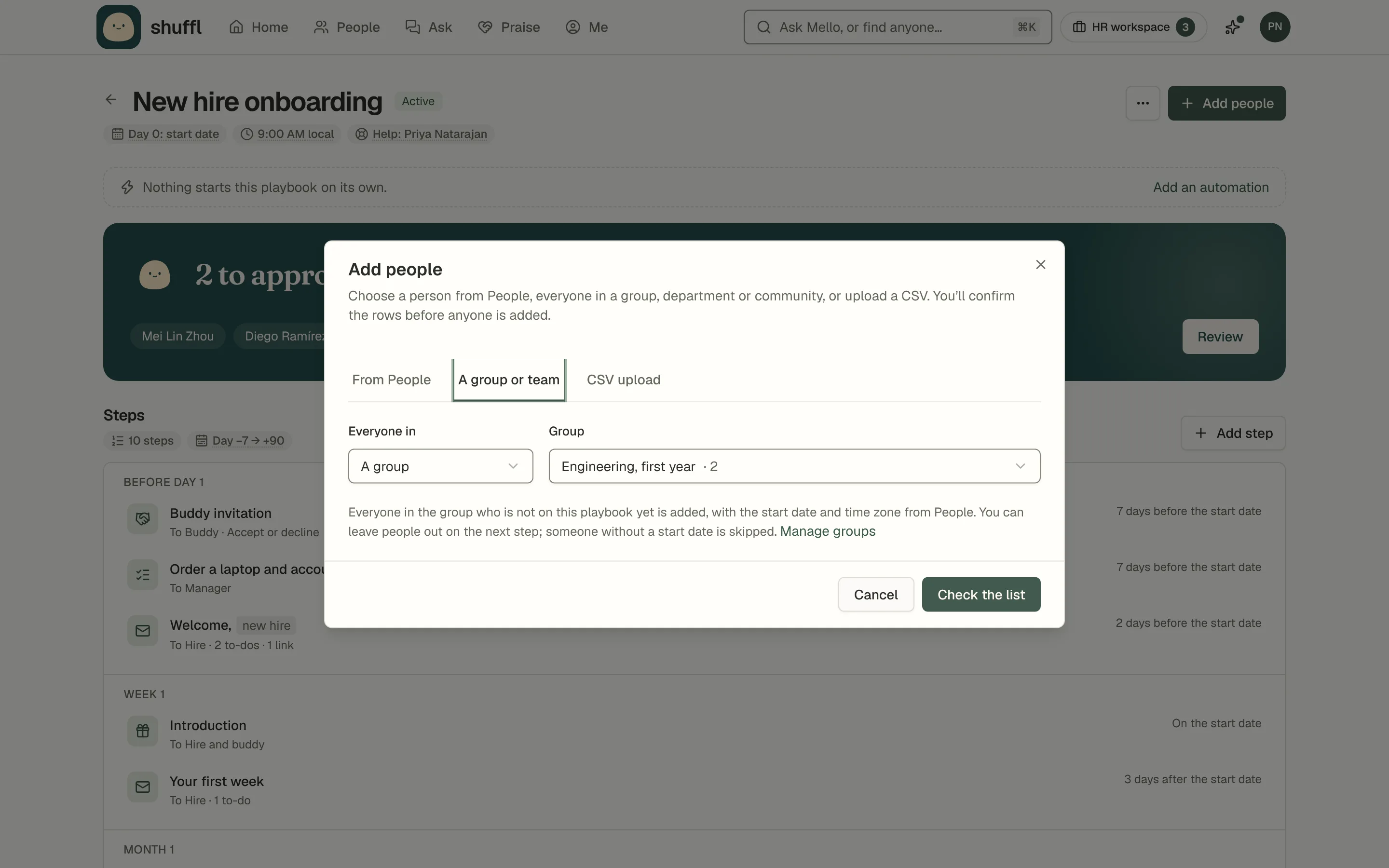 The Add people dialog on an onboarding playbook with the A group or team tab chosen and the group Engineering, first year picked, above a note that everyone in the group not yet on the playbook is added with their start date and time zone from People, and a Check the list button.
