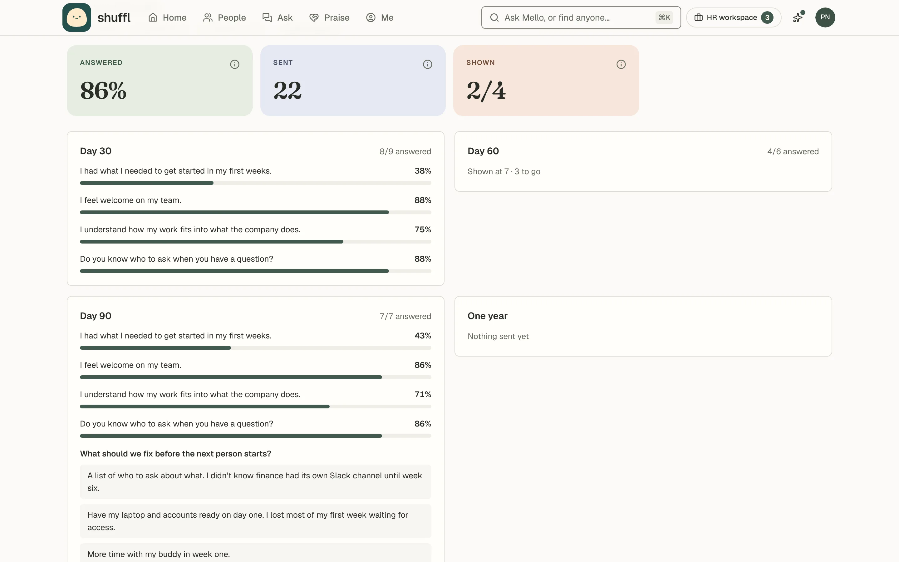 What new hires said, at the end of the Insights tab under Playbooks: the answer rate and a card for day 30, 60, 90 and one year.