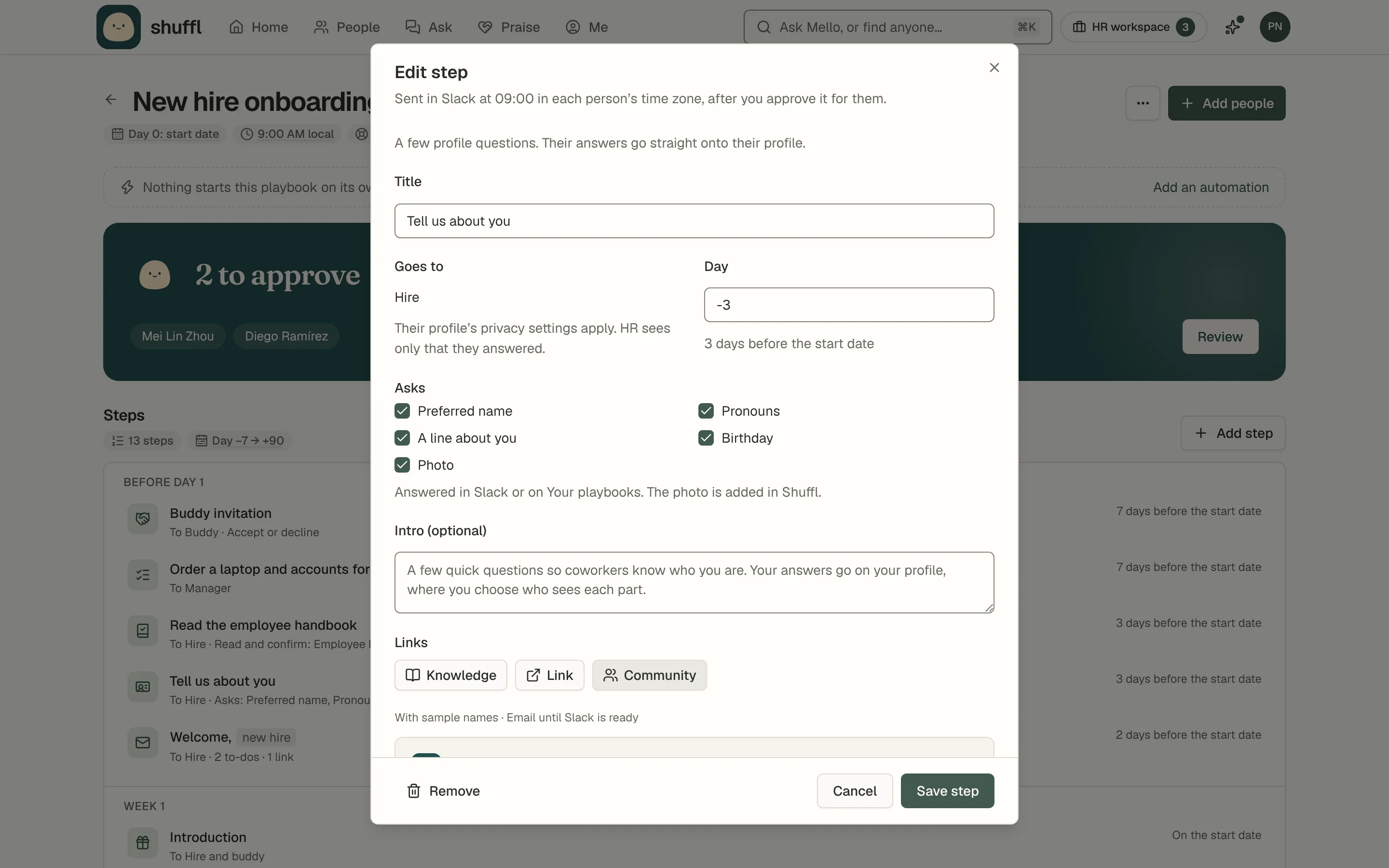 The Edit step dialog of a form step on an onboarding playbook: Tell us about you going to the hire 3 days before the start date, Asks with Preferred name, Pronouns, A line about you, Birthday and Photo ticked, and its intro.