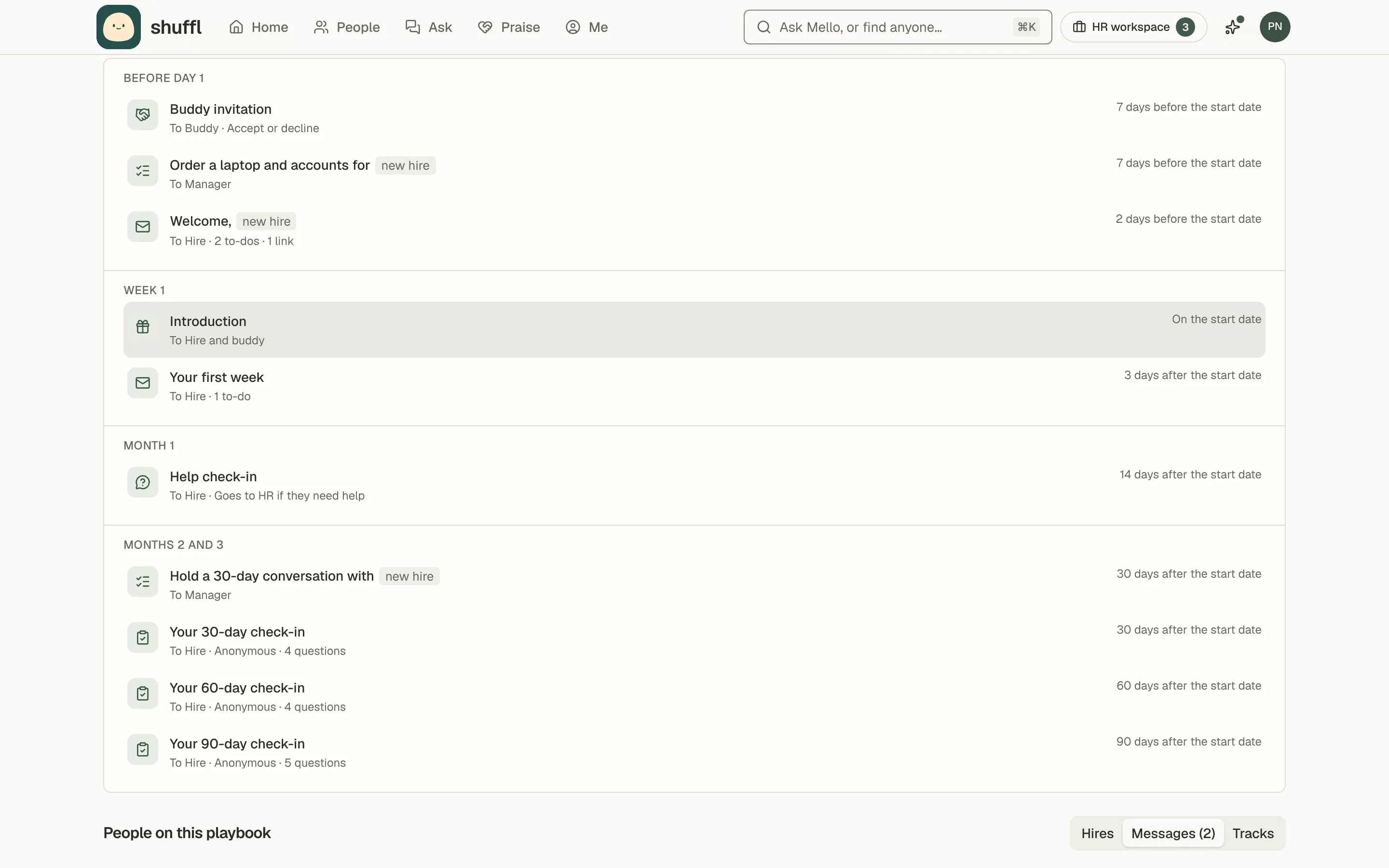 The Steps section of an onboarding playbook: steps grouped Before day 1, Week 1, Month 1 and Months 2 and 3, each with who it goes to and its day, and an Add step button.