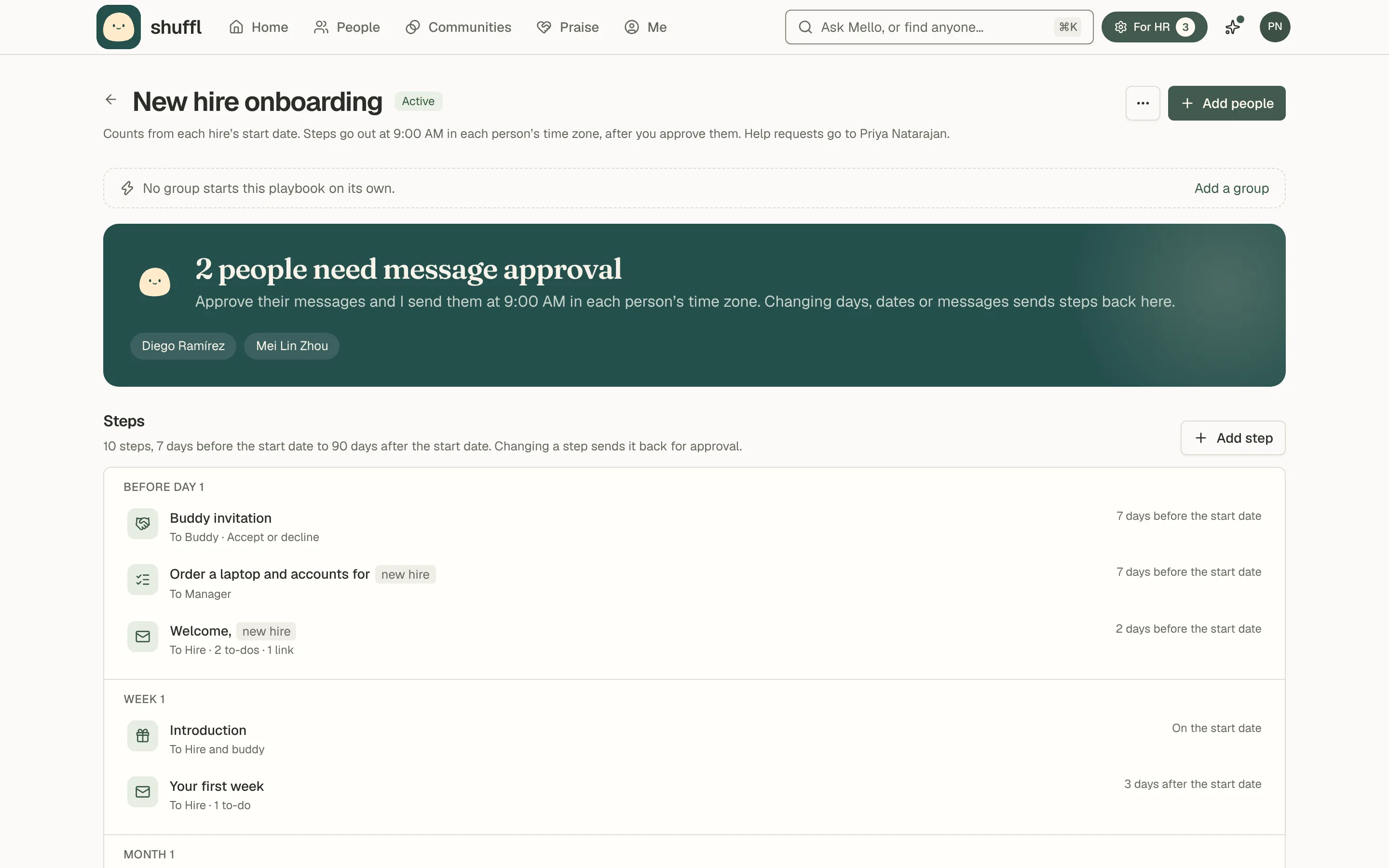 An onboarding playbook page: a note that two hires need message approval, then the Steps: 10 steps from 7 days before the start date to day 90, grouped Before day 1, Week 1 and Month 1, with Add people and Add step buttons. The table of people on the playbook follows below.