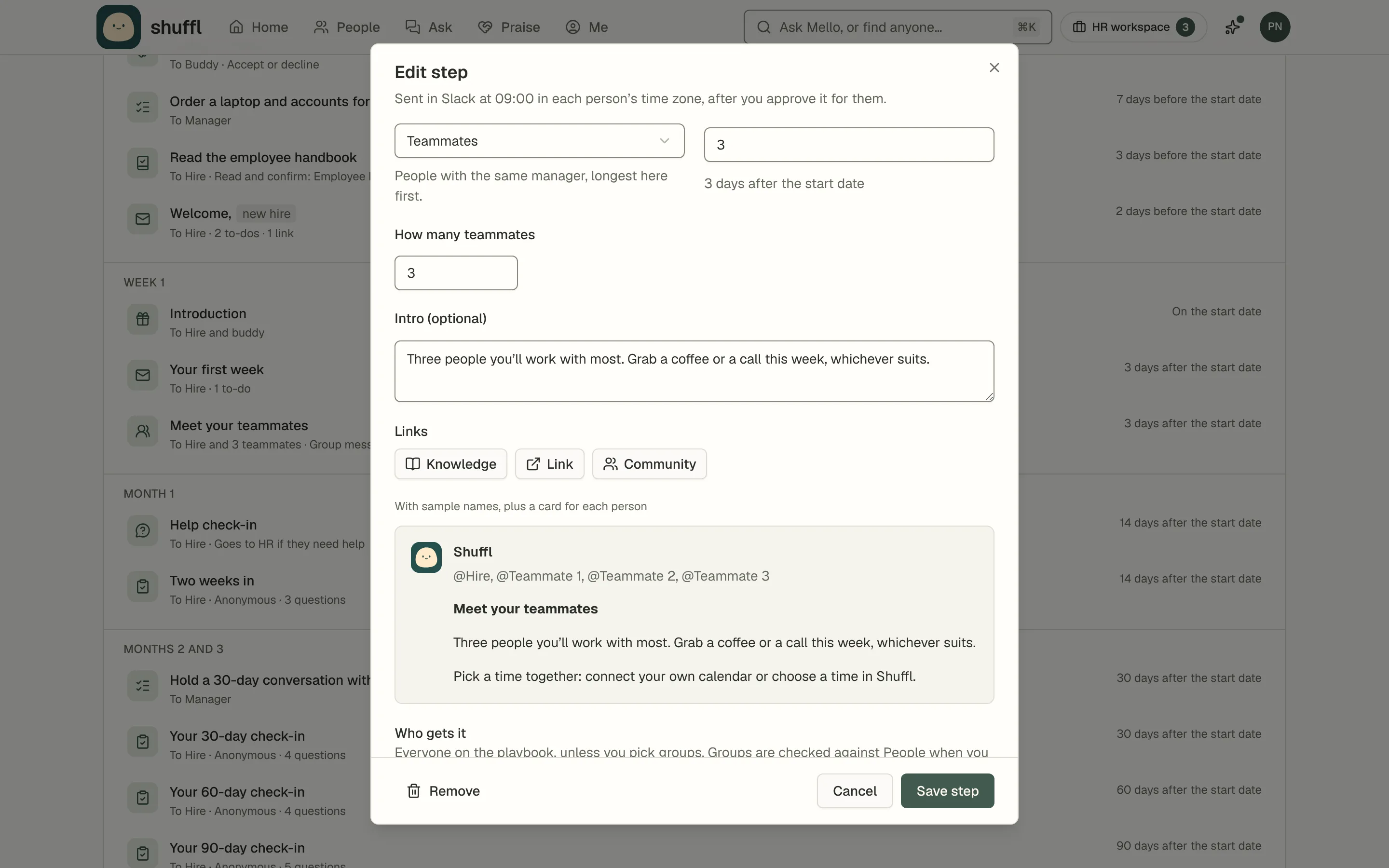 The Edit step dialog of a meet step on an onboarding playbook: Meets set to Teammates, people with the same manager, longest here first, How many teammates set to 3, its intro, and a Slack preview of one group message to the hire and three teammates with Pick a time.