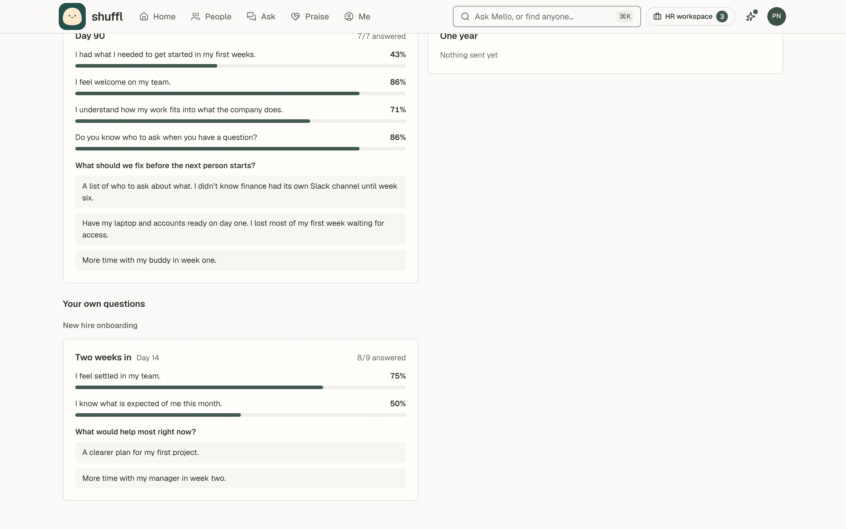 Your own questions at the end of What new hires said: the New hire onboarding playbook’s Two weeks in check-in on day 14, with the share who agreed with each question and the open answers.