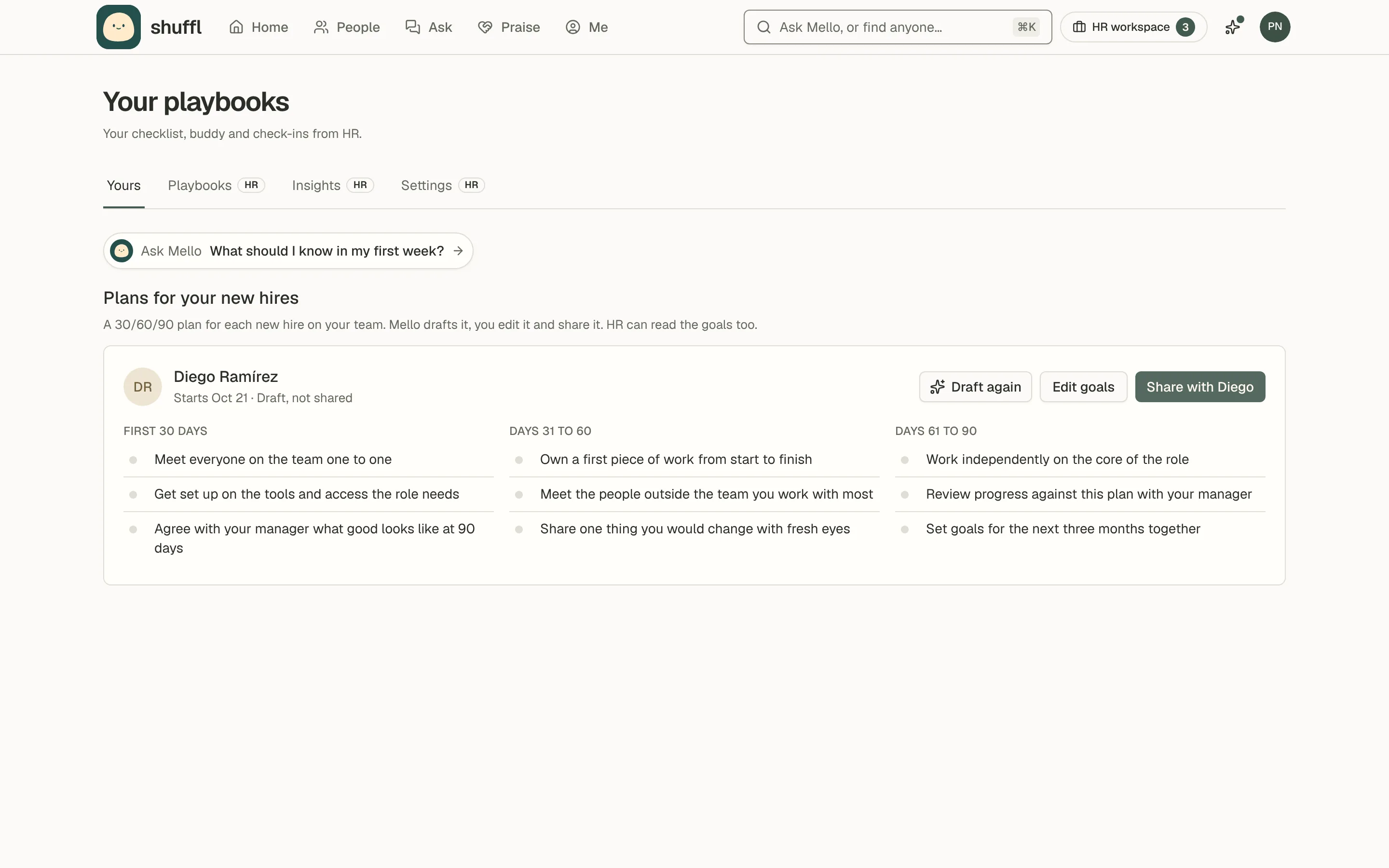 Plans for your new hires on a manager’s Playbooks page: Diego Ramírez’s card with goals Mello drafted under First 30 days, Days 31 to 60 and Days 61 to 90, and the Edit goals and Share with Diego buttons.