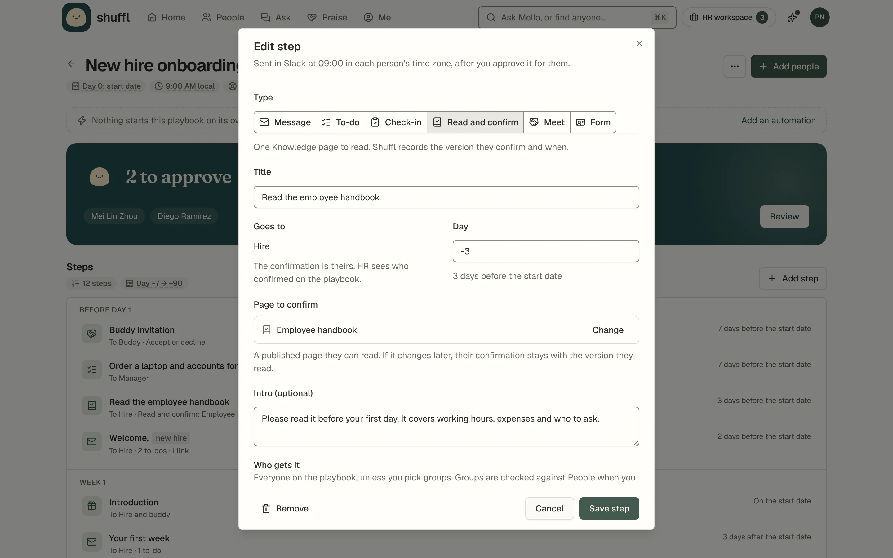 The Edit step dialog for a Read and confirm step called Read the employee handbook: it goes to the hire three days before their first day, with the Employee handbook chosen as the page to confirm and a Slack preview with the page under Read and confirm.