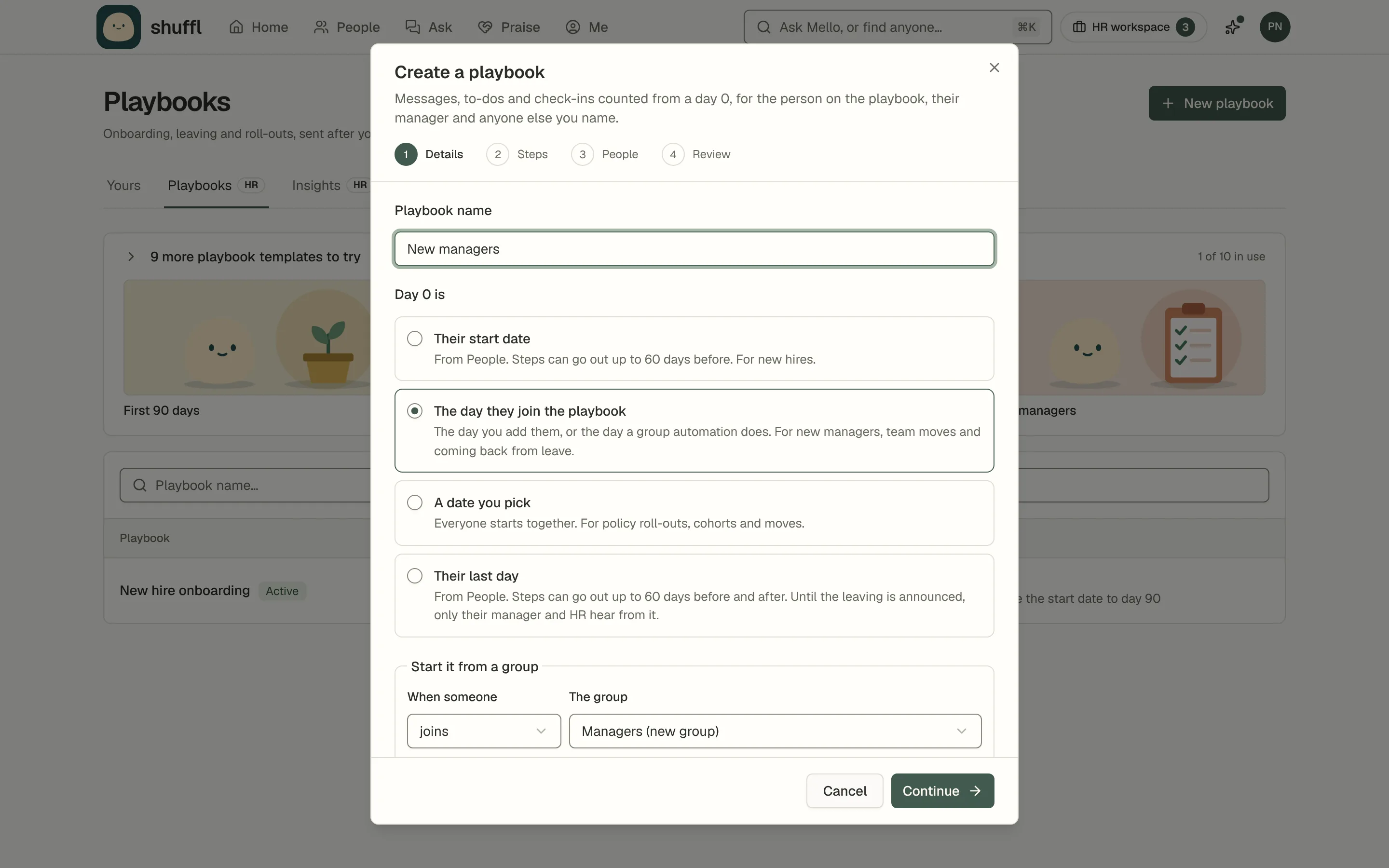 The Details step of a new playbook from the New managers template: day 0 is the day they join, and Start it from a group says When someone joins Managers, with a note that each person’s steps still wait for approval.