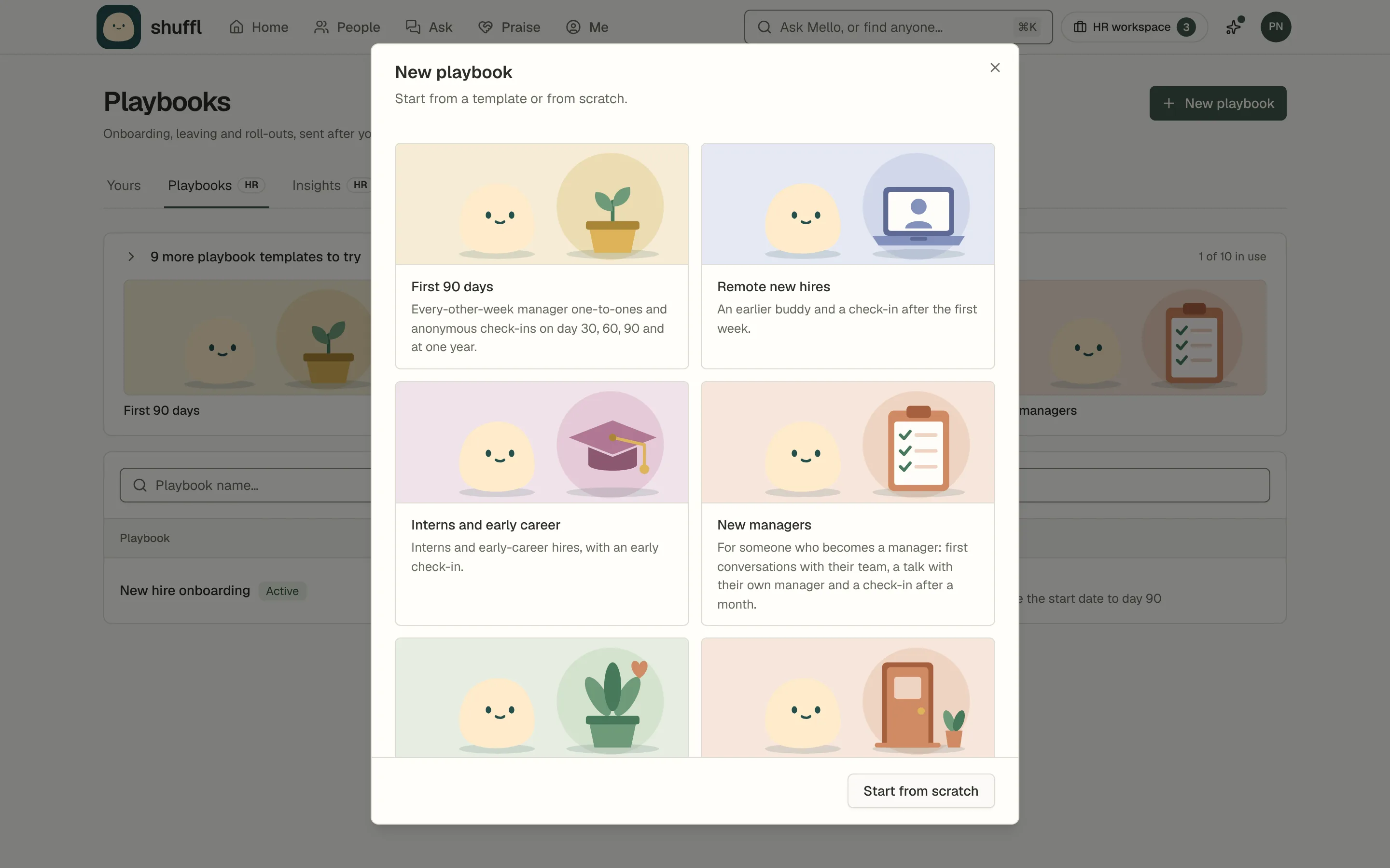 The New playbook picker with the starting points: New hire onboarding, First 90 days, Remote new hires and Interns and early career for new hires, and New managers, Back from leave, Leaving, Policy roll-out, Intern cohort and Team move for other moments.