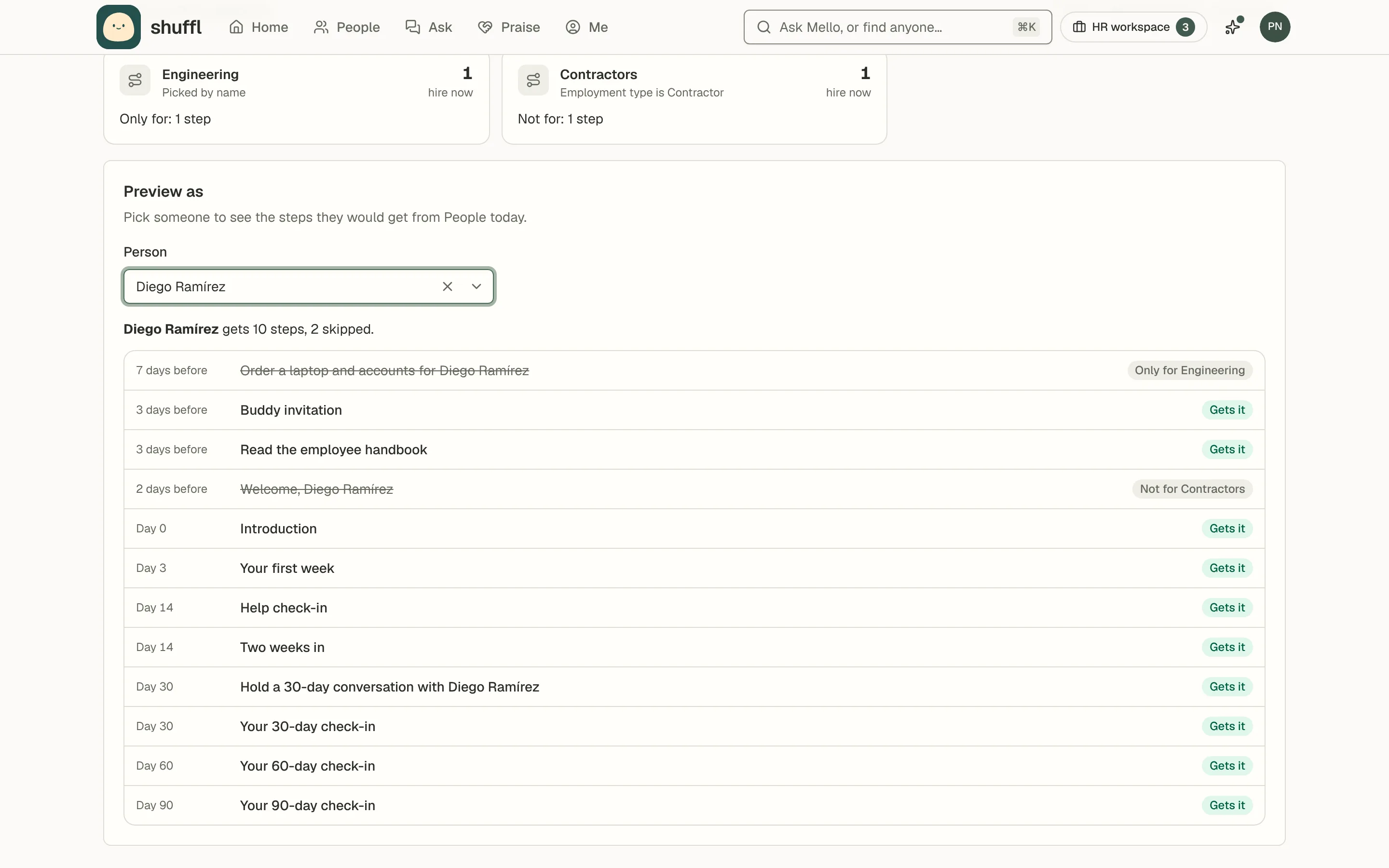 The Tracks tab of an onboarding playbook: a card for the Engineering department with one step only for it and its hires now, a card for Contractors with one step not for it, and Preview as below with a contractor picked, listing their steps by day with skipped ones struck out as Only for Engineering or Not for Contractors.