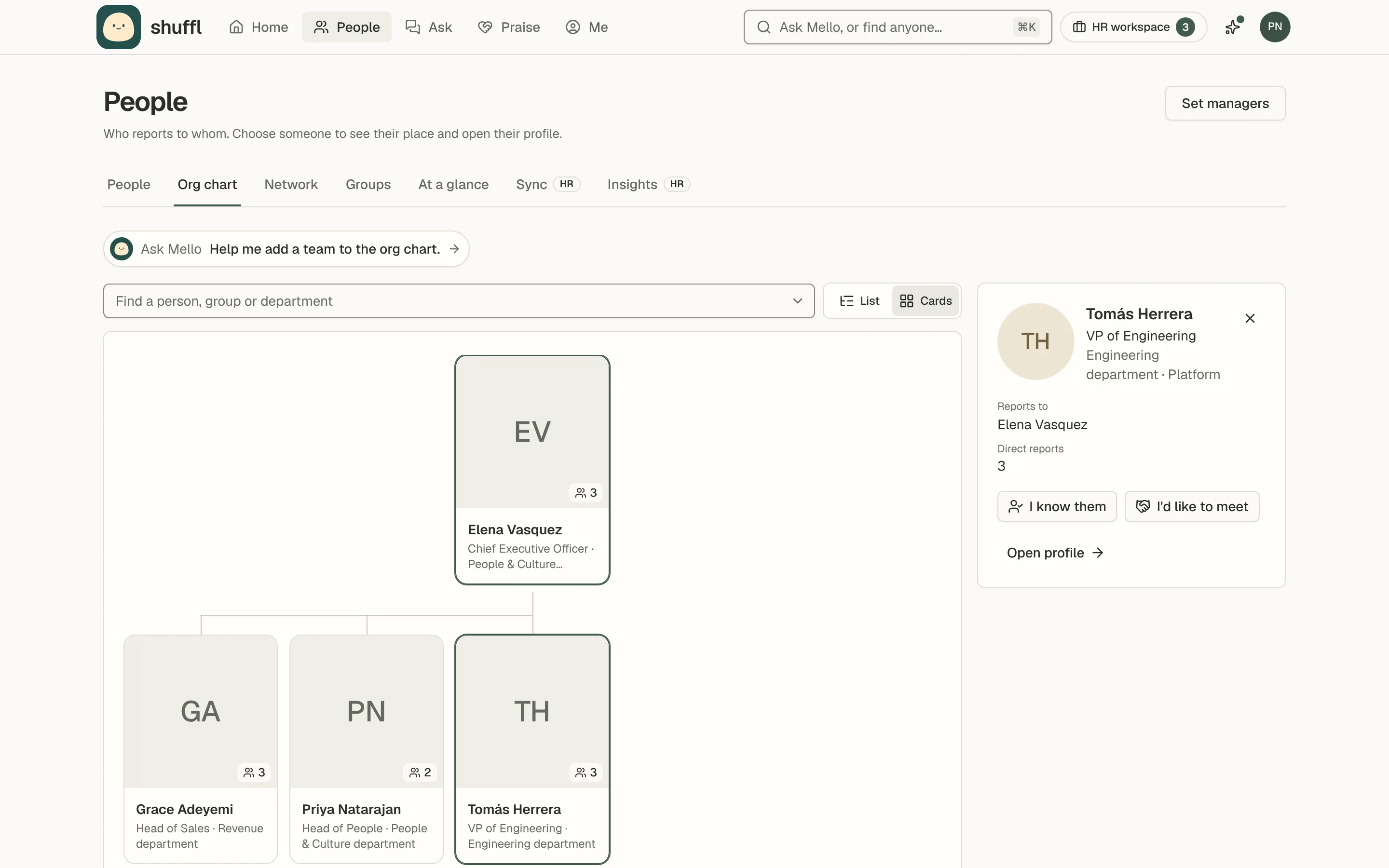 The org chart switched to Cards: Elena Vasquez, the chief executive, on a card at the top with a badge for her three reports, and those three below in a row joined by connector lines, with Tomás Herrera chosen and his details in the side panel. Each card shows a photo or initials, name, title and how many report to them.
