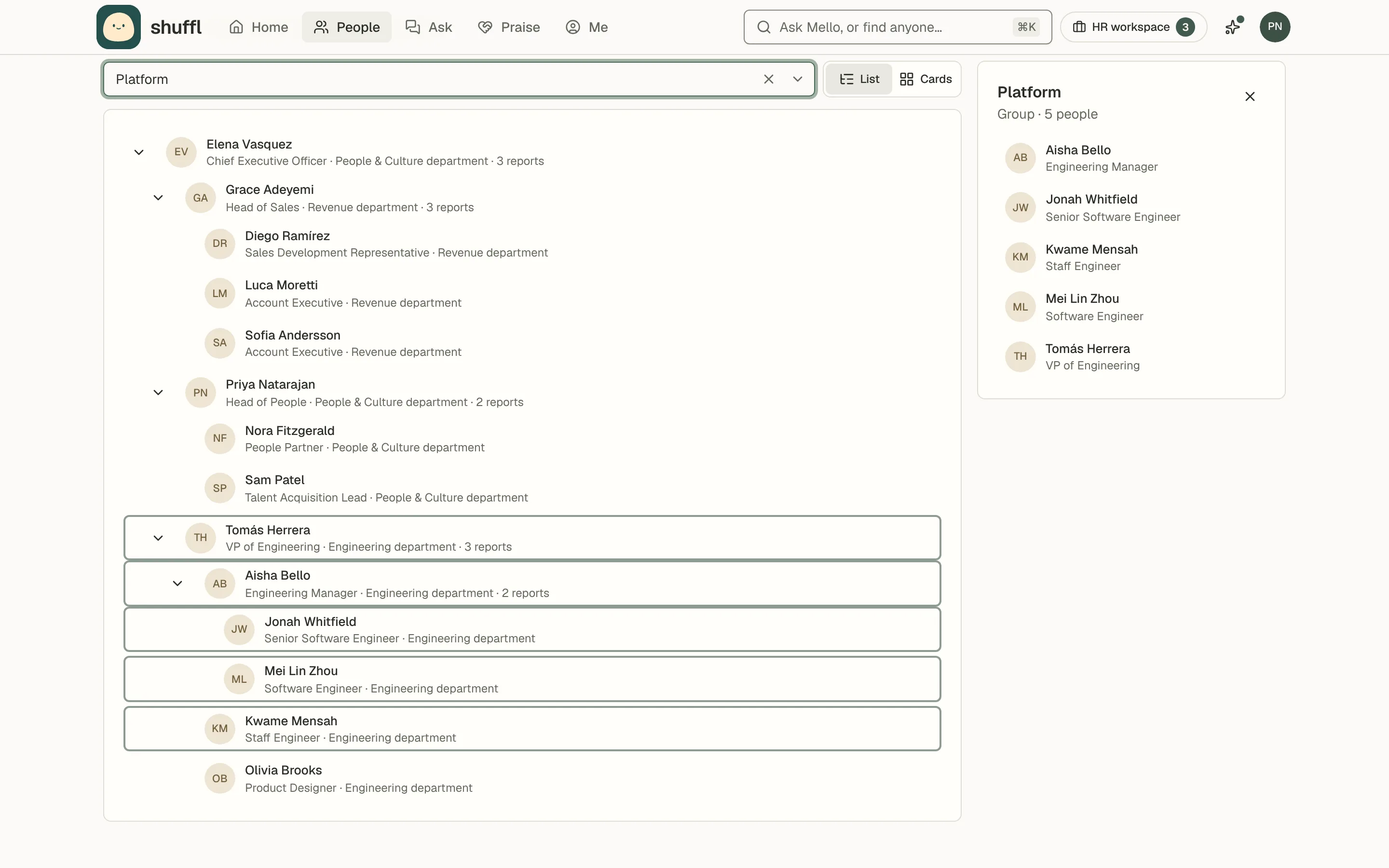 The org chart with a search box reading platform and the Platform group highlighted: five people found under their manager, and a side panel listing the group.