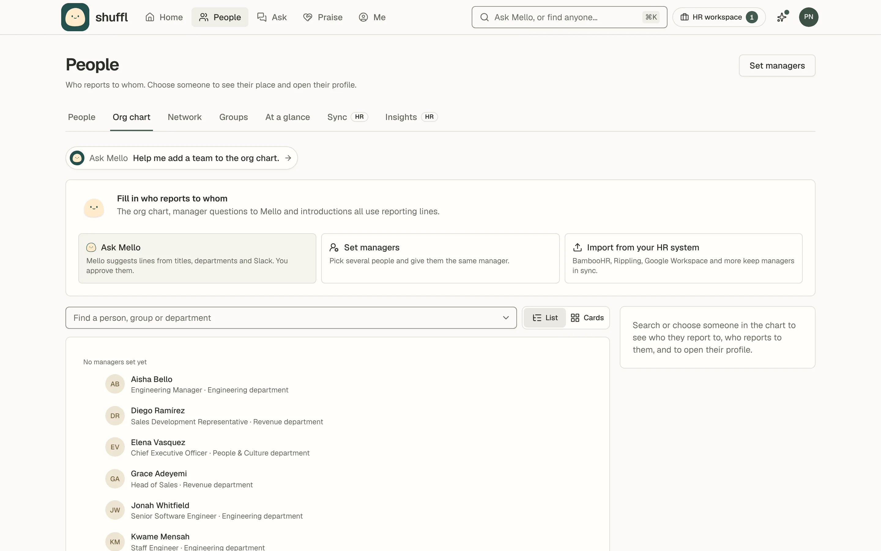 The Org chart tab of People with nobody’s manager set yet, under a Fill in who reports to whom panel with three choices: Ask Mello, Set managers and Import from your HR system.