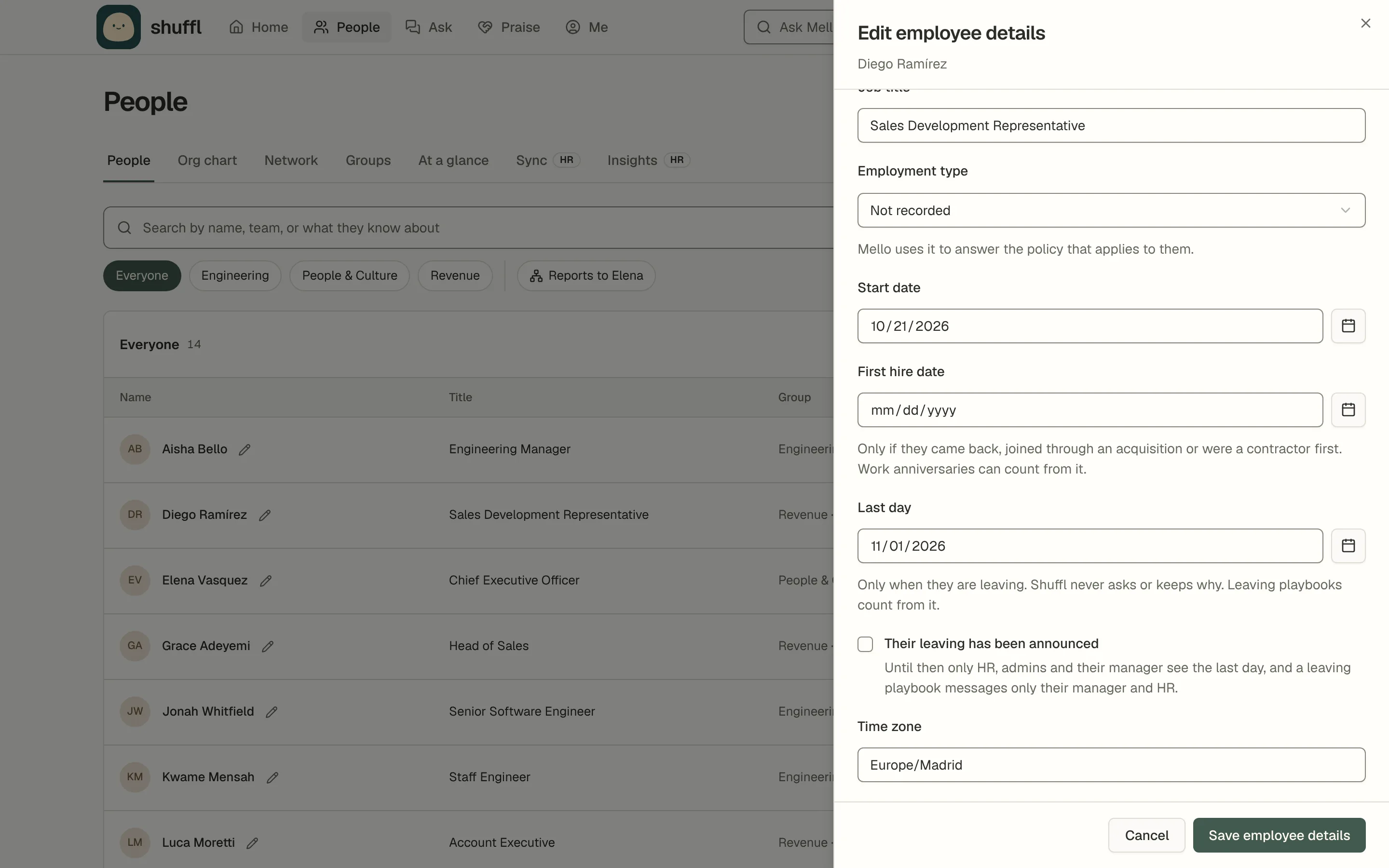 Editing a person in People: the Last day field set to a date two weeks away, with Their leaving has been announced not ticked and a note that only HR, admins and their manager see it until then.