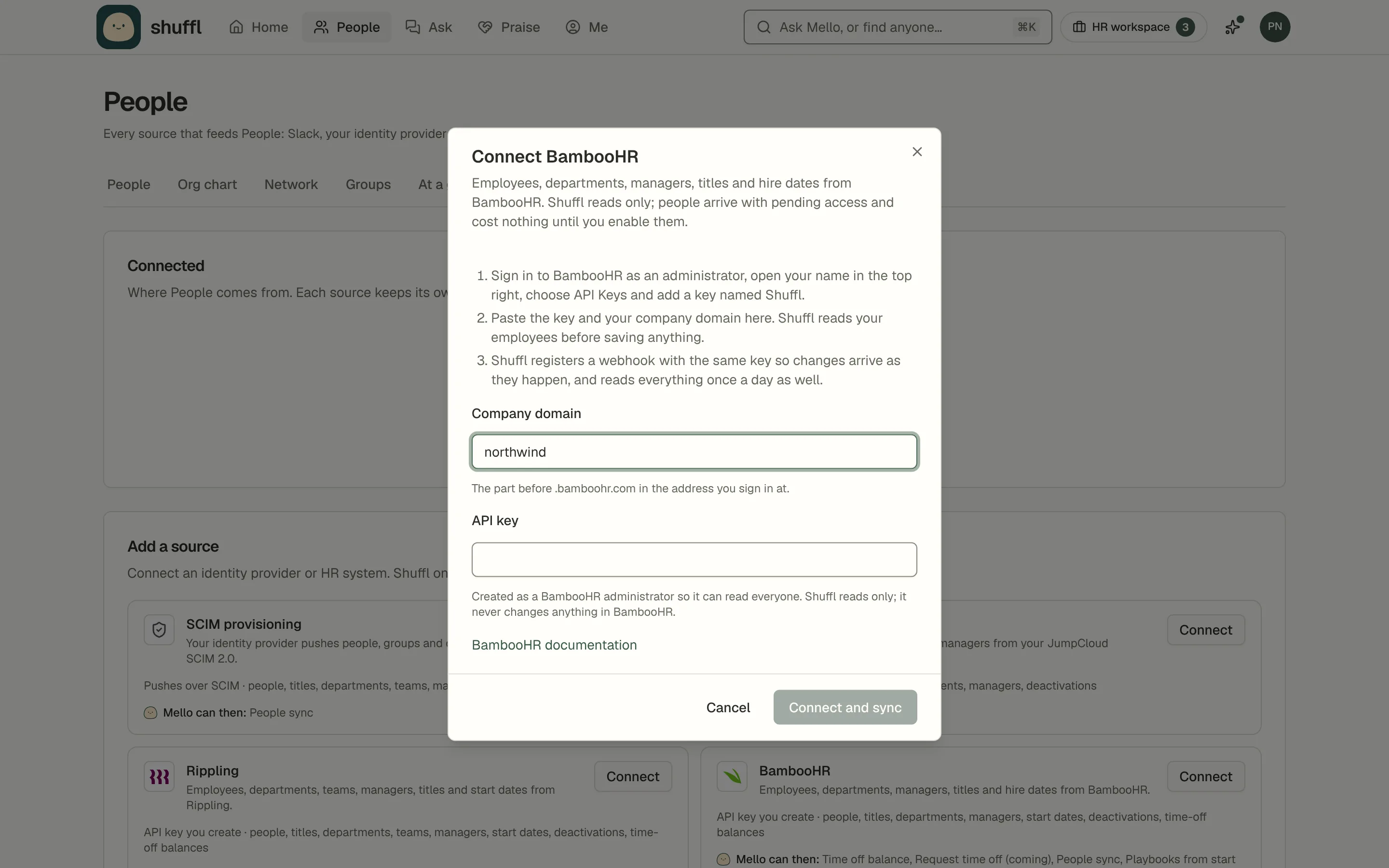 The Connect BambooHR dialog over the Sync tab: three numbered steps for creating an API key in BambooHR, a Company domain field filled in with northwind, an empty API key field and a Connect and sync button.