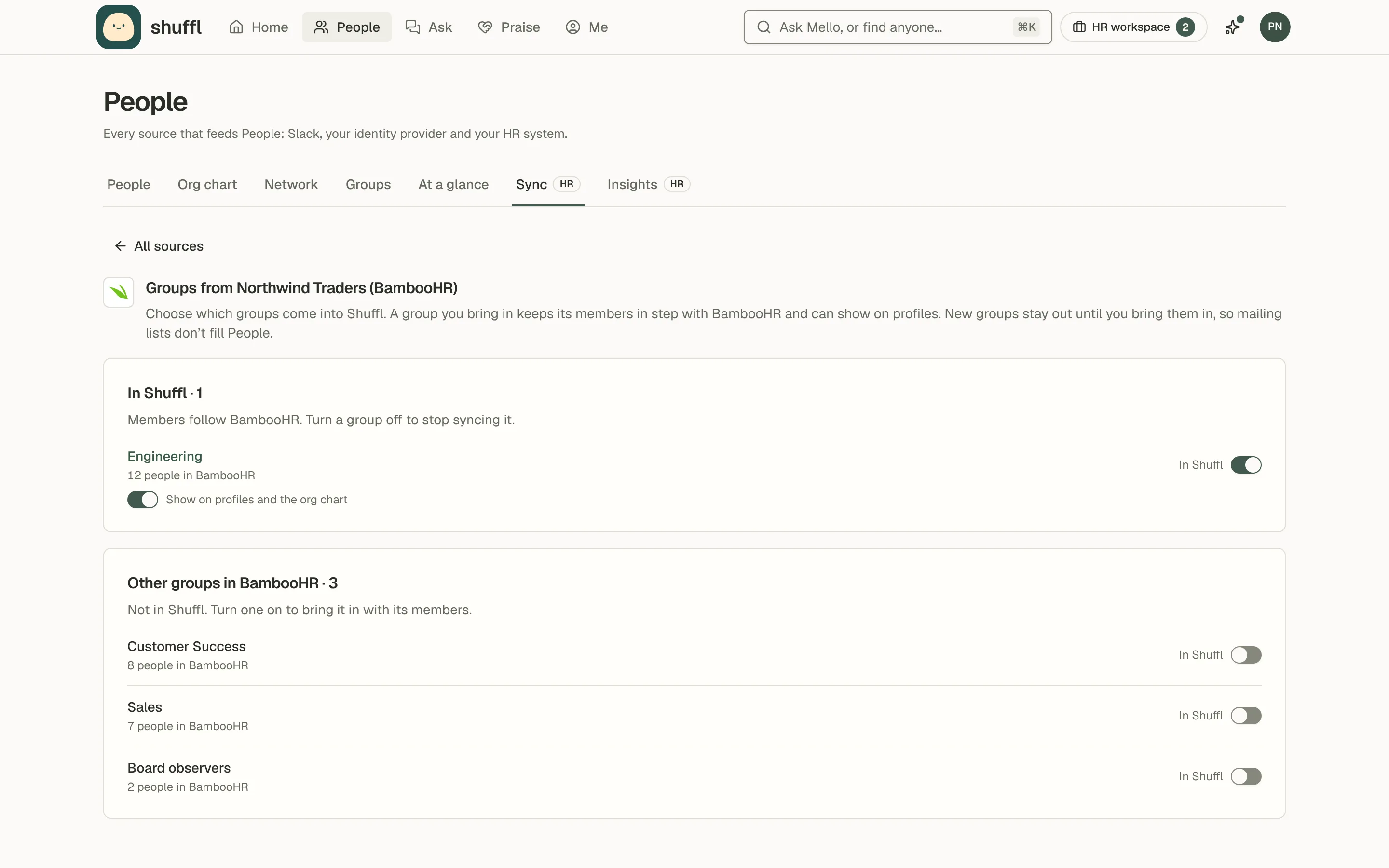 The Groups screen for a BambooHR connection on the Sync tab: In Shuffl lists Engineering with its In Shuffl switch on and Show on profiles and the org chart on, and Other groups in BambooHR lists the rest with their sizes and the switch off.