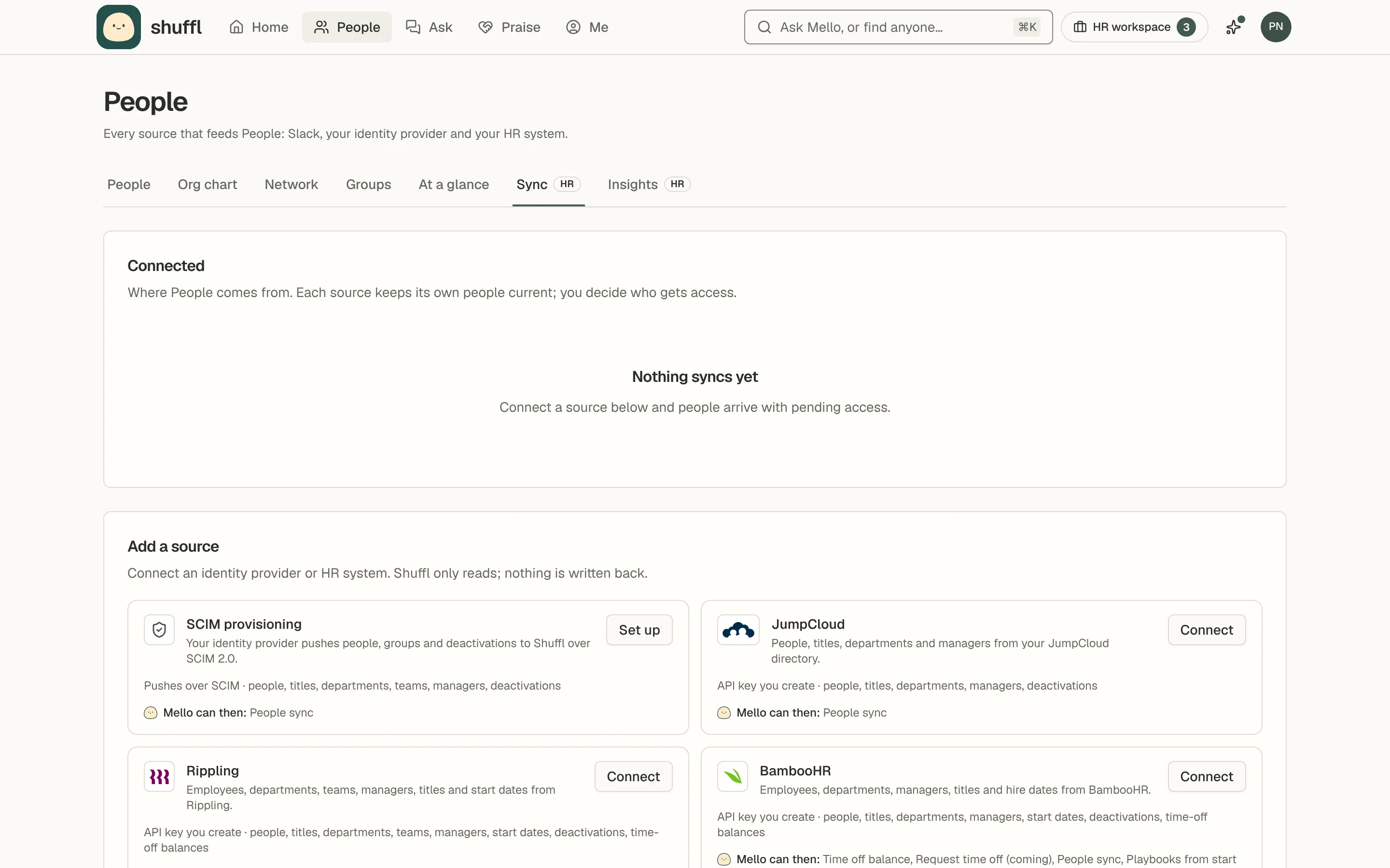 The Sync tab of People: connected sources with Sync now and Manage buttons, an Add a source section listing HR systems and identity providers, and a Directory provisioning card for SCIM connections.