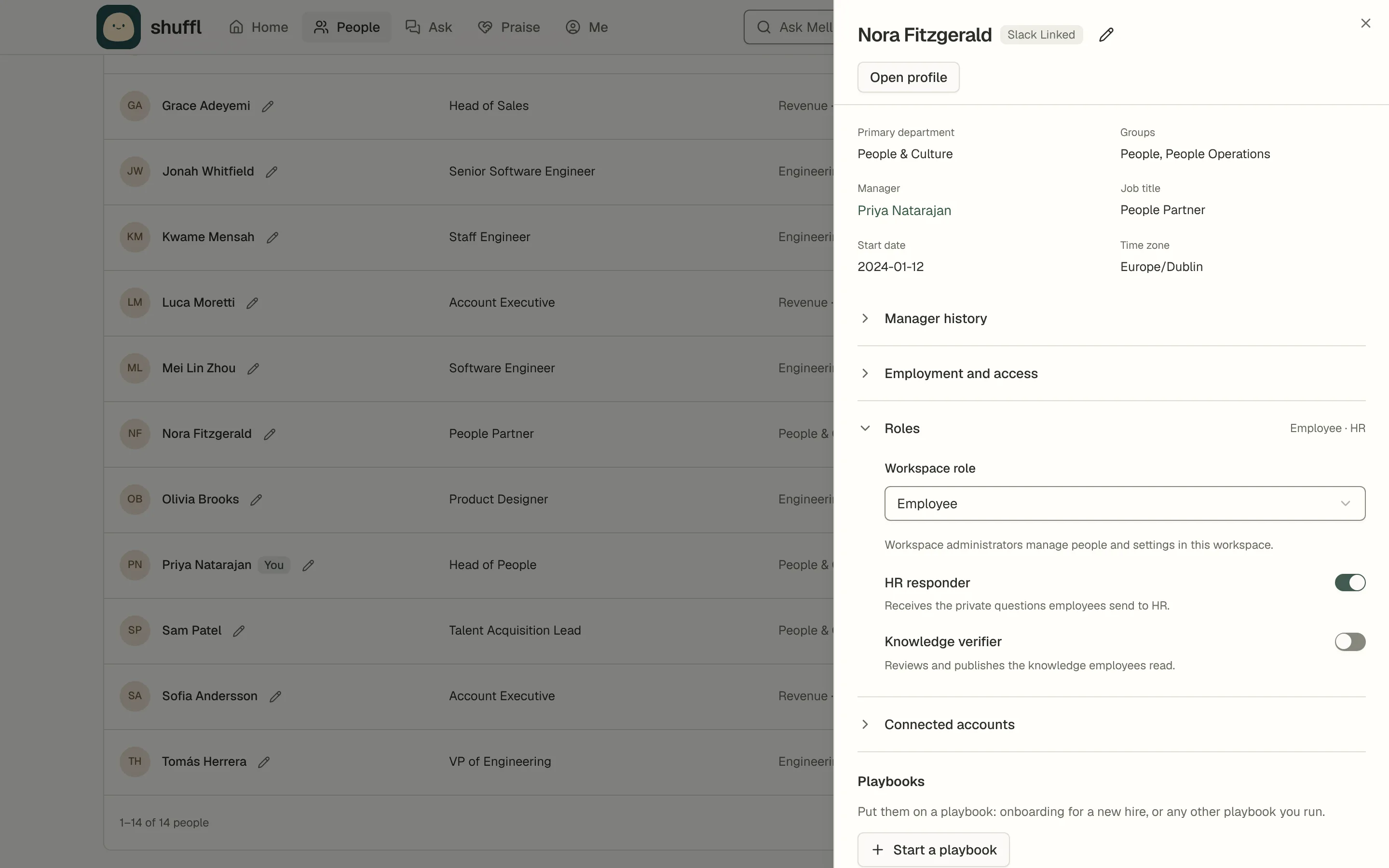 Nora Fitzgerald’s details sheet with Roles expanded: a Workspace role choice set to Employee, and HR responder and Knowledge verifier switches, with HR responder turned on.
