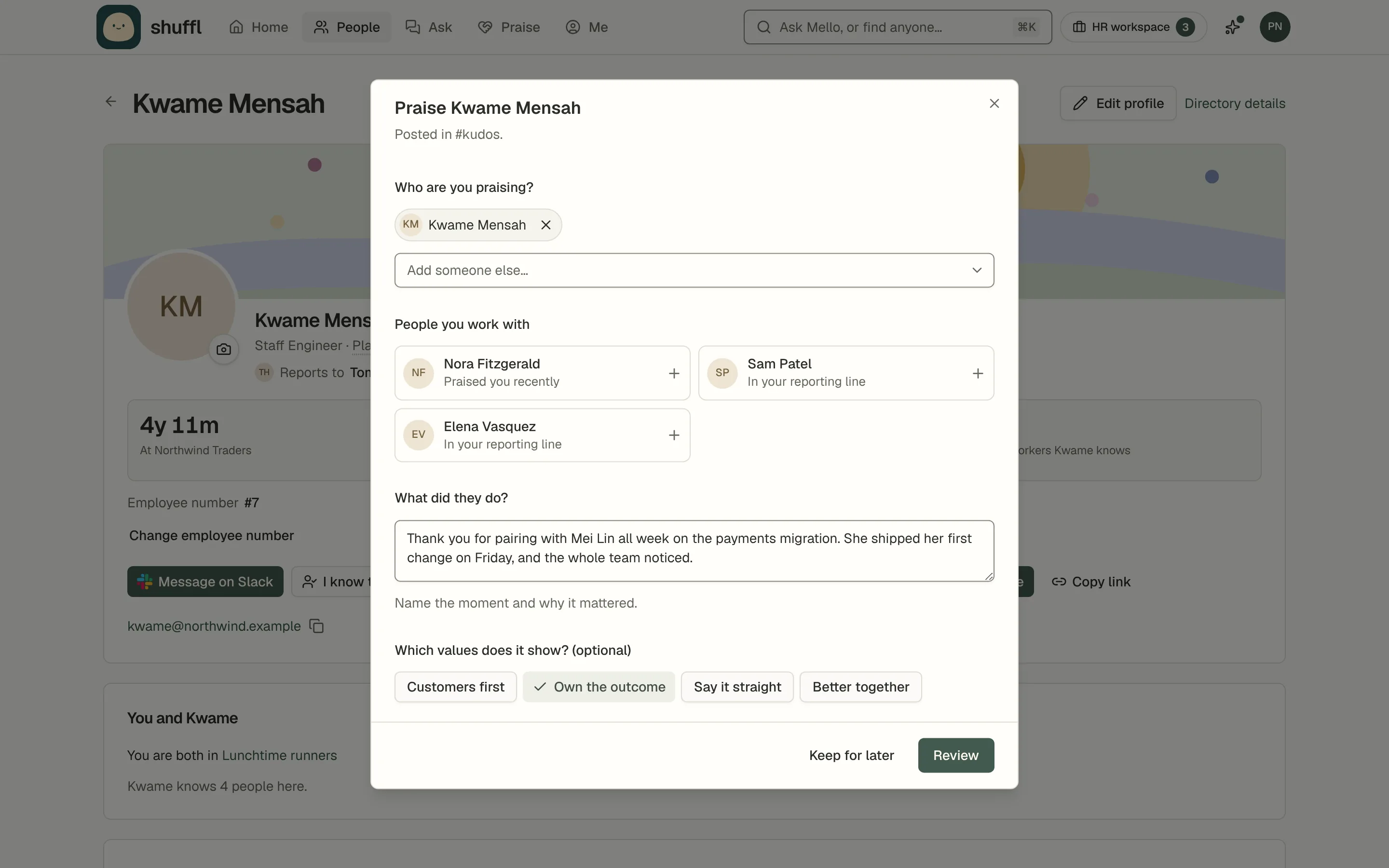 Praising Kwame Mensah from his profile: Kwame is already chosen, a few words about pairing with a new engineer are written, and Own the outcome is picked from the company values before Review.
